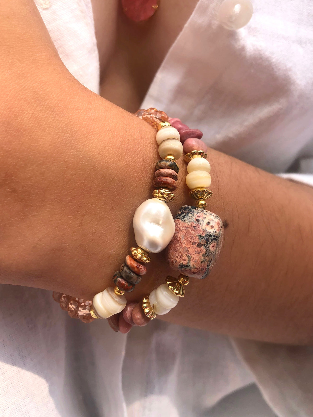 Mix Pulseira Stela Jaspe Leopardo E Pérola Barroca Shell - Tiff Joias