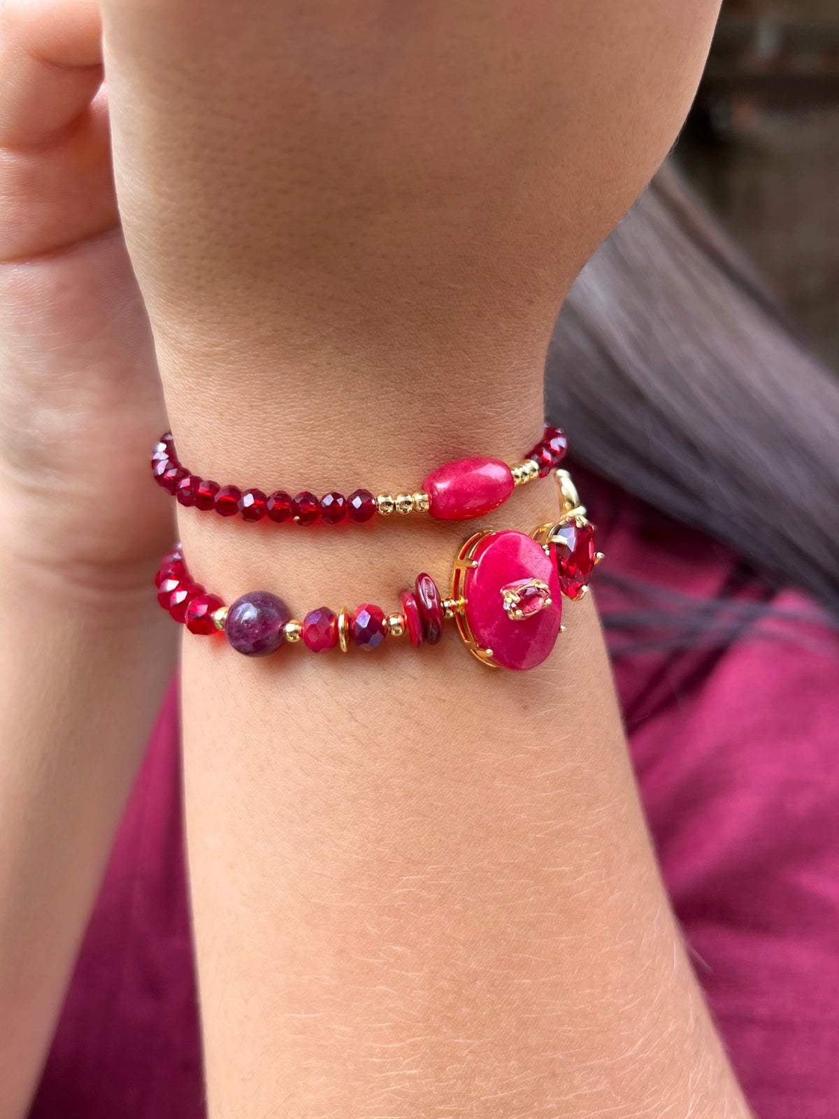 Mix Pulseiras Cristais Cor Vermelho e Pedra Jade Rubi - Tiff Joias