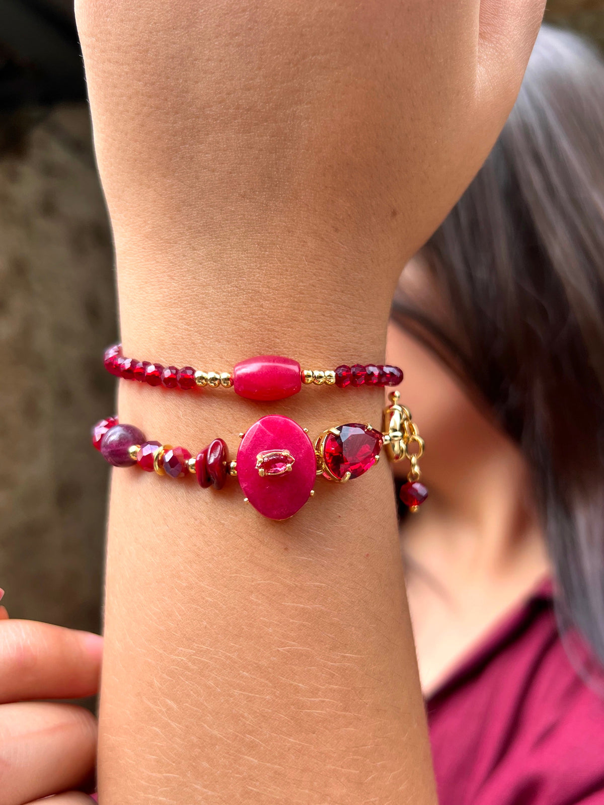 Mix Pulseiras Cristais Cor Vermelho e Pedra Jade Rubi - Tiff Joias