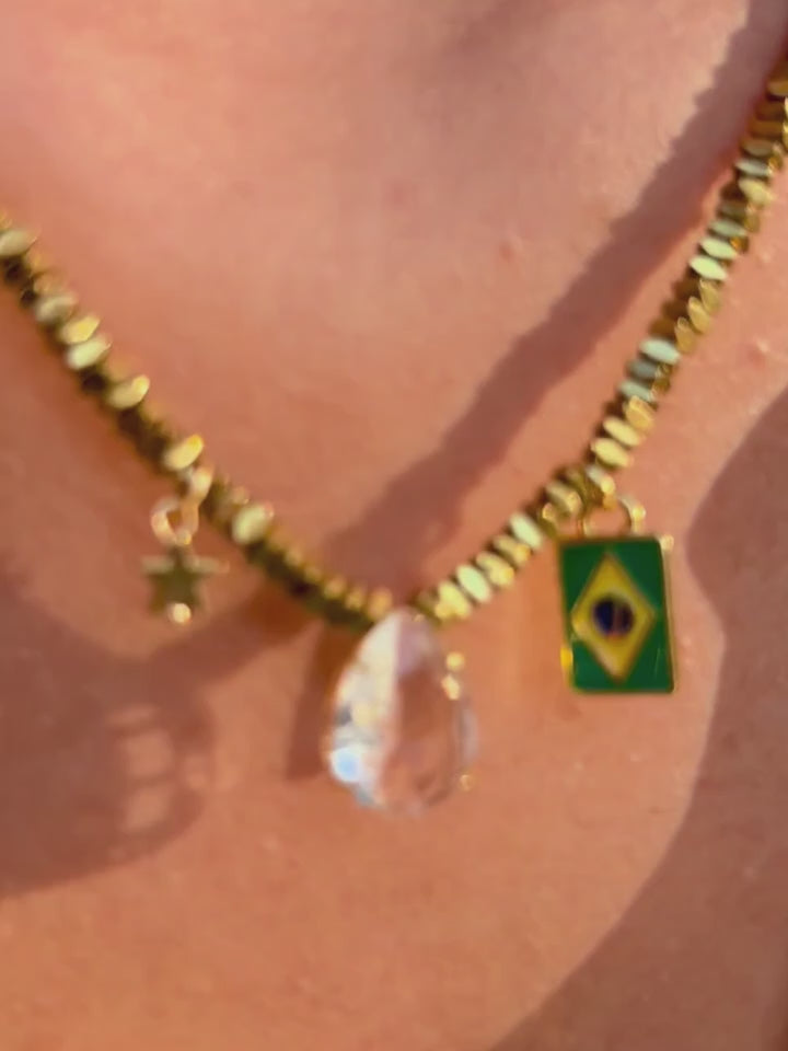Pulseira Hematitas Com Gota Cristal e Bandeira Brasil 16cm