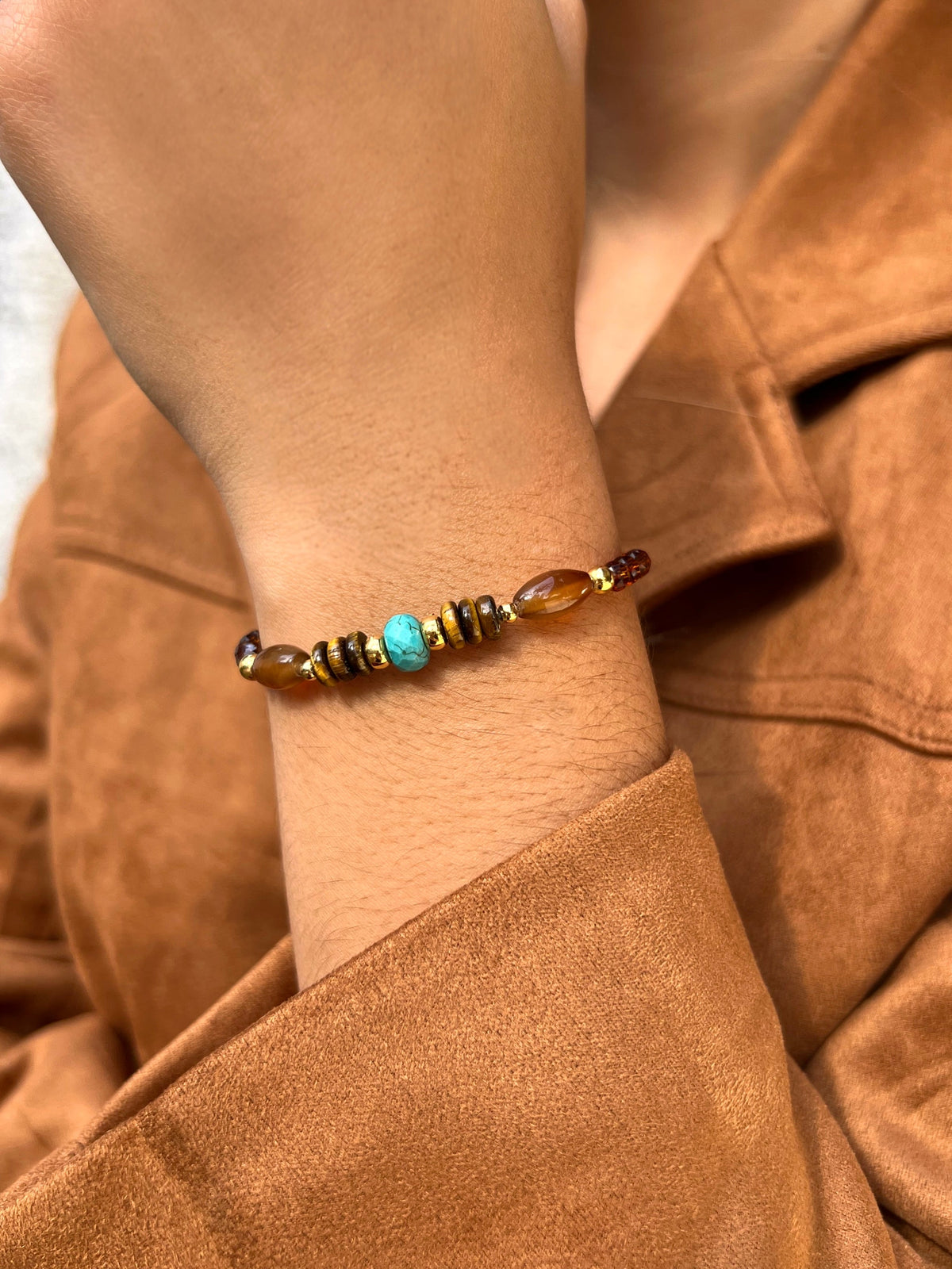 Pulseira Ágata Marrom Rodelas Olho De Tigre e Pedra Turquesa 17cm - Tiff Joias