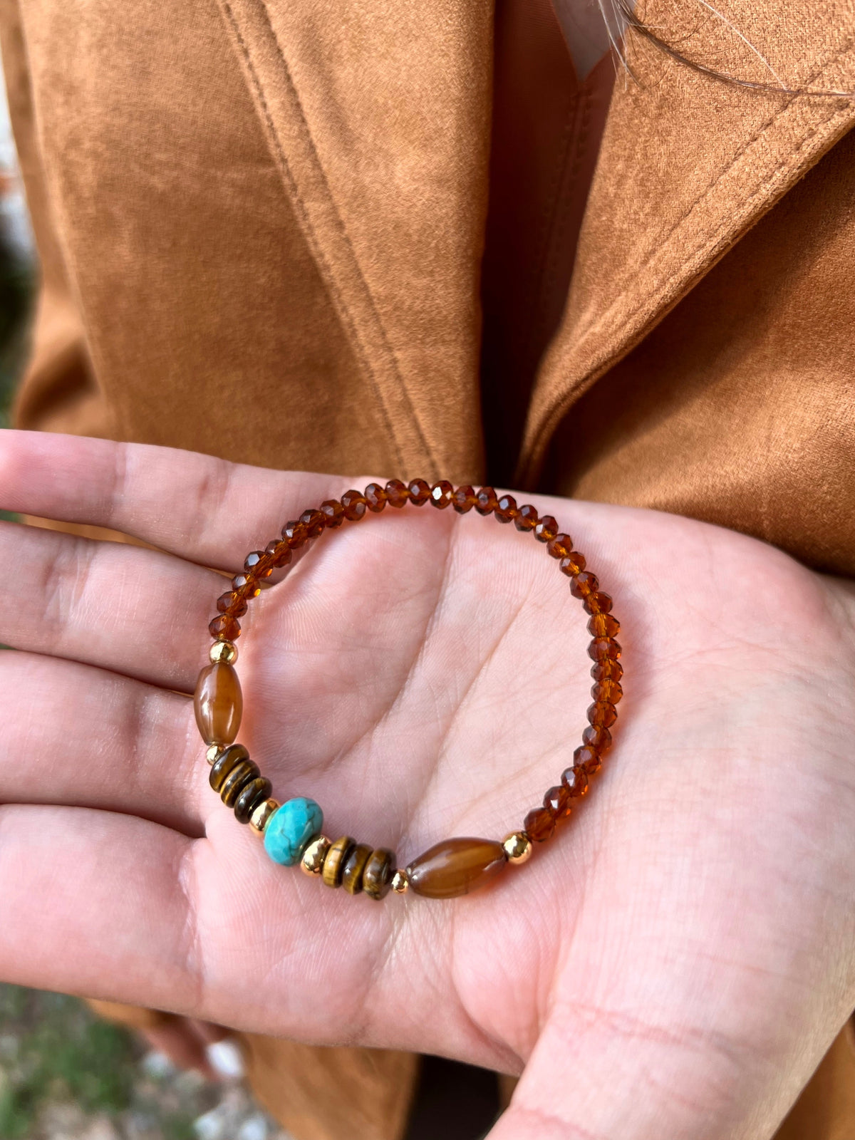 Pulseira Ágata Marrom Rodelas Olho De Tigre e Pedra Turquesa 17cm - Tiff Joias