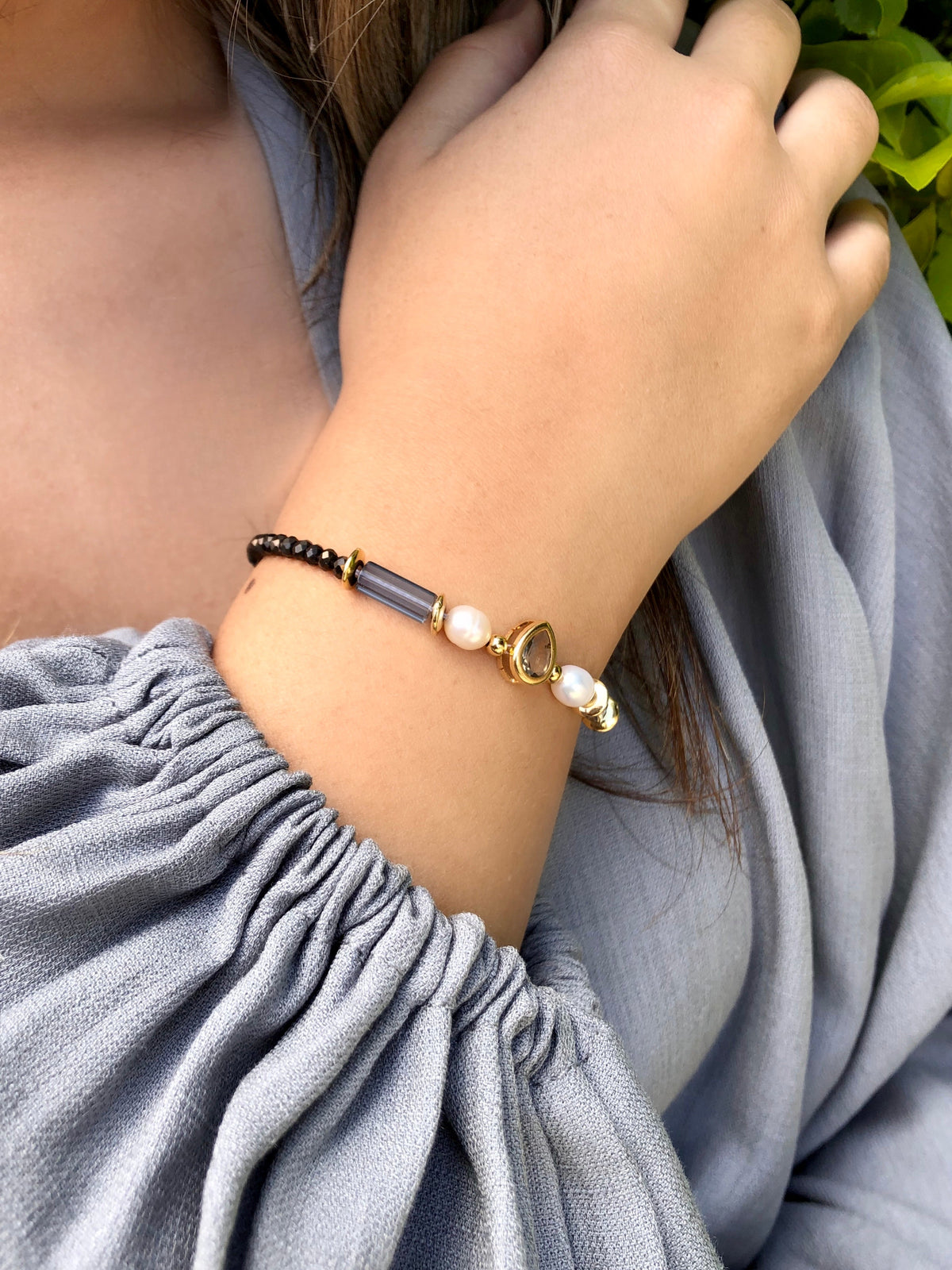 Pulseira Carol Grafite Com Madrepérola Mini Gota 16cm - Tiff Joias