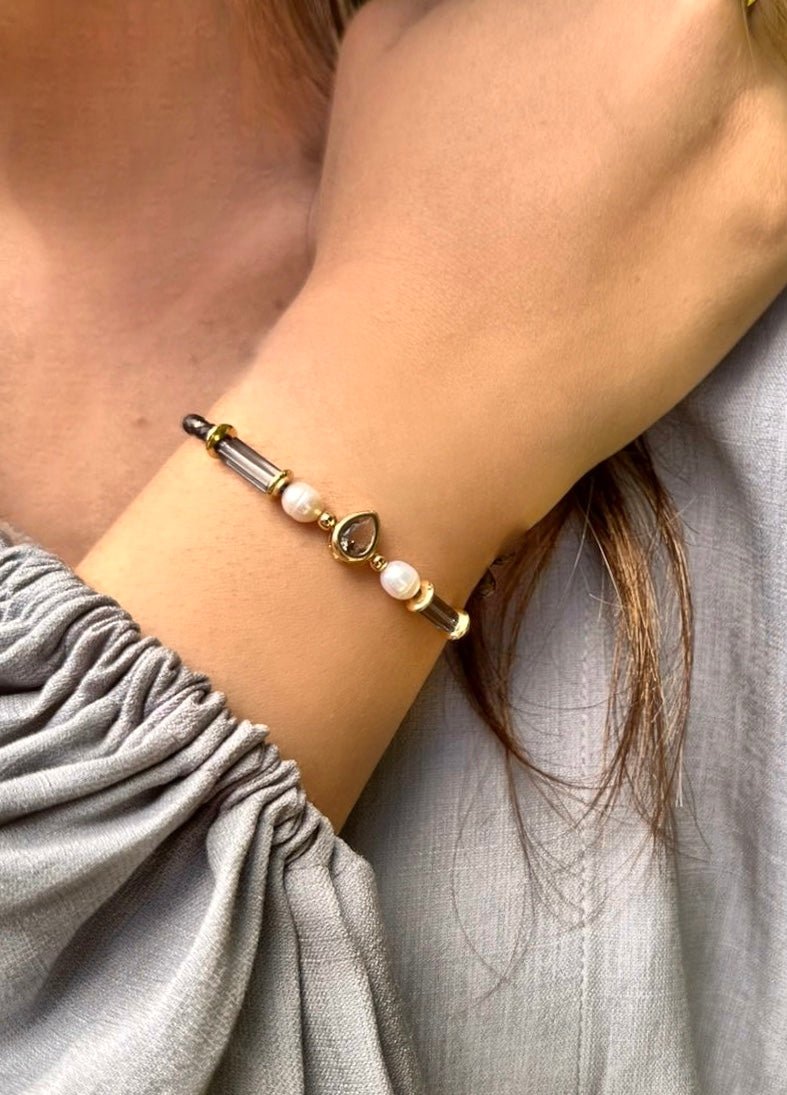 Pulseira Carol Grafite Com Madrepérola Mini Gota 16cm - Tiff Joias
