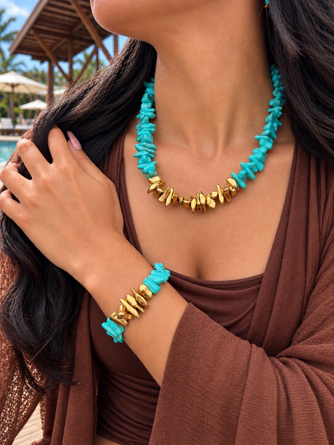 Pulseira Cascalho Acrílico Cor Turquesa e Banho Ouro 18k - Tiff Joias