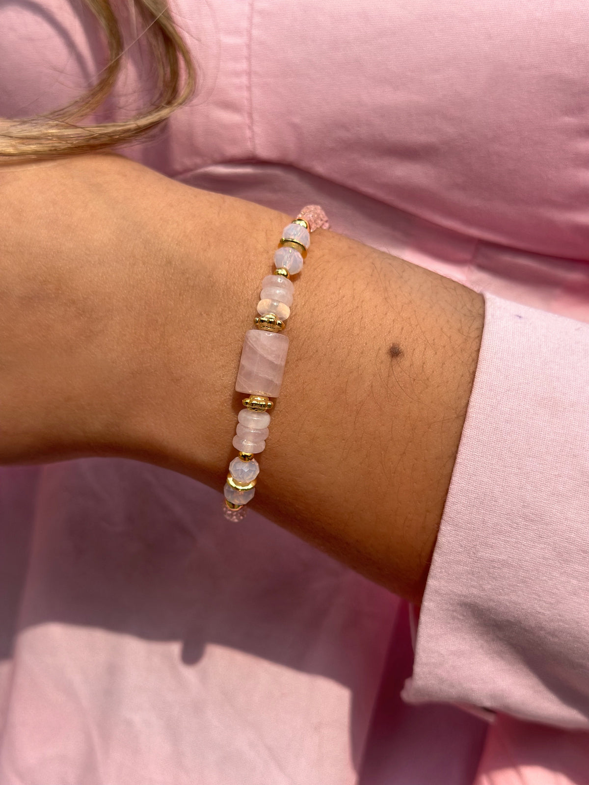 Pulseira Celina Pedra Natural Quartzo Rosa - Tiff Joias