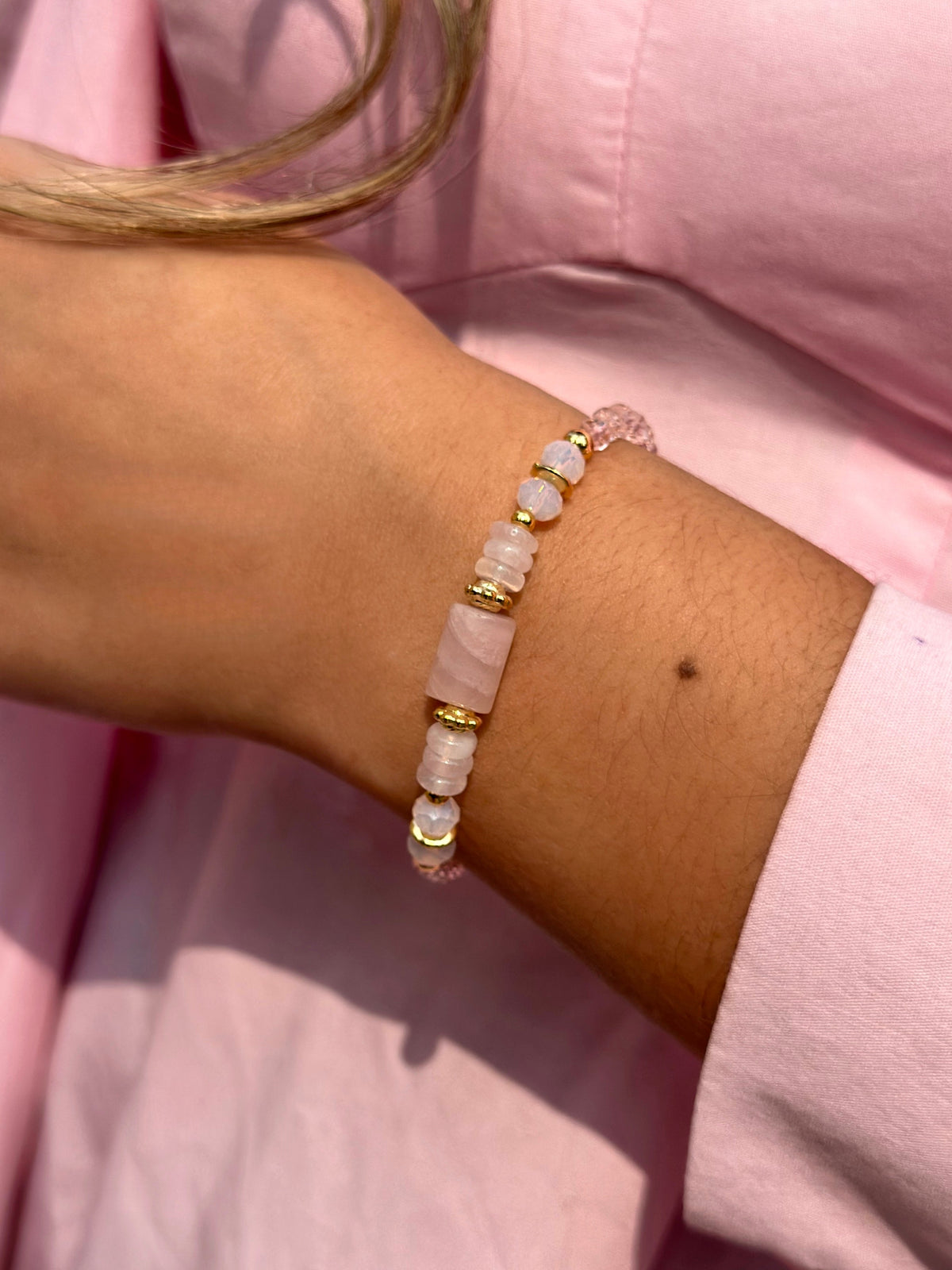 Pulseira Celina Pedra Natural Quartzo Rosa - Tiff Joias