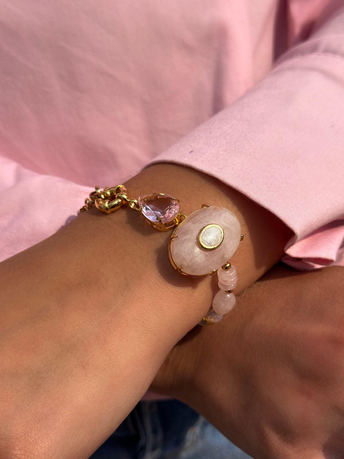 Pulseira Celina Pedra Natural Quartzo Rosa e Gota - Tiff Joias