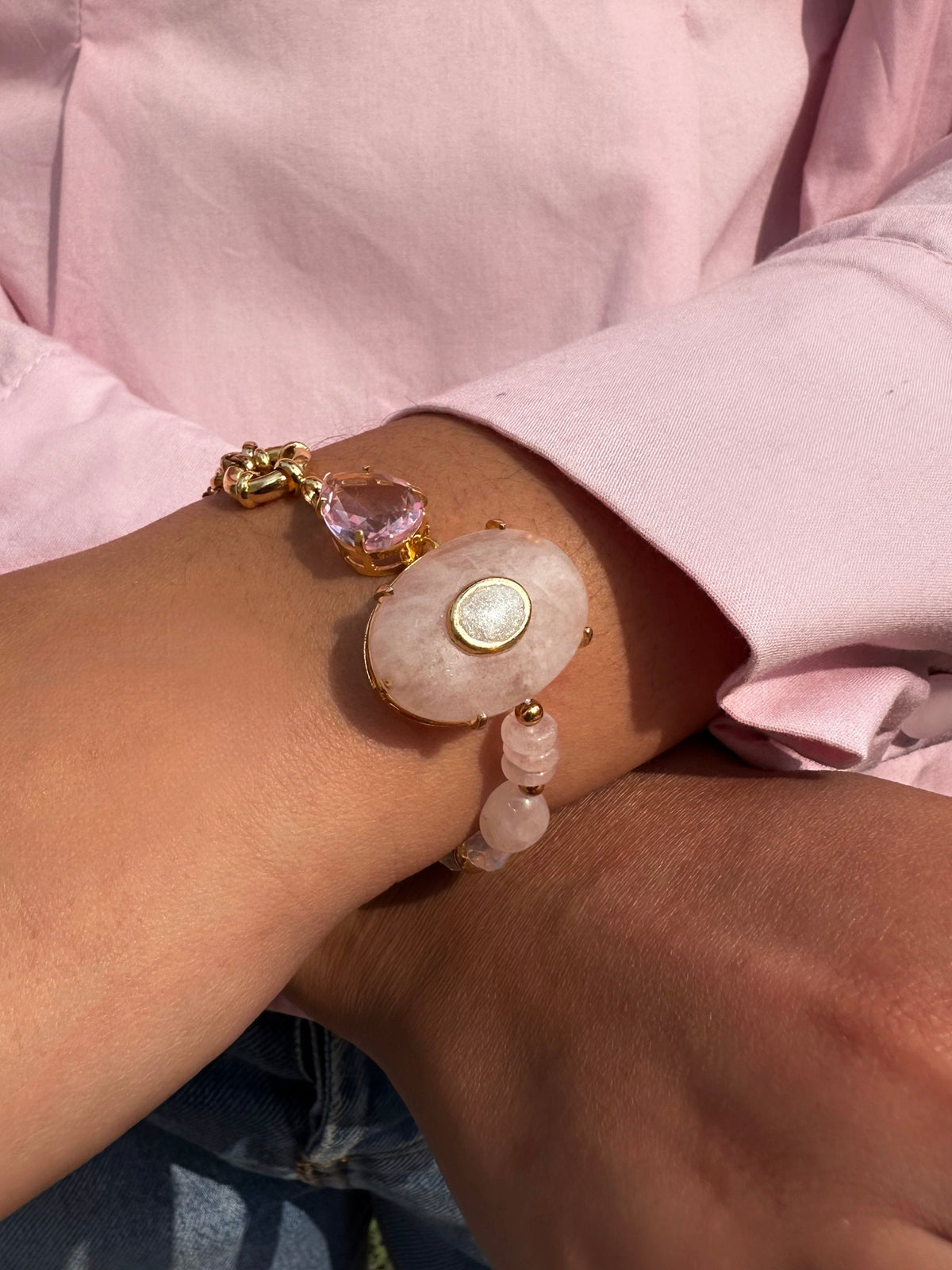 Pulseira Celina Pedra Natural Quartzo Rosa e Gota - Tiff Joias