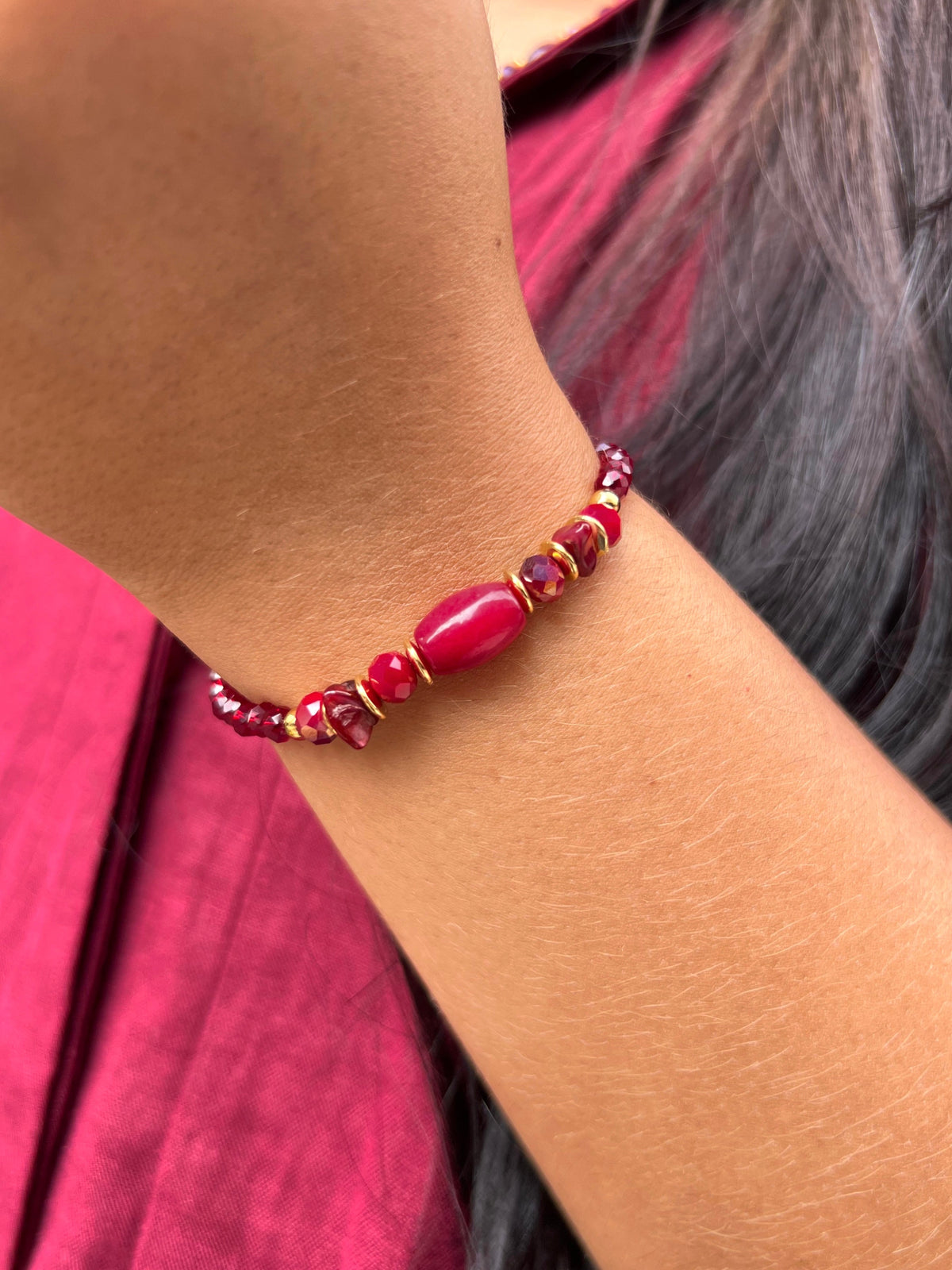 Pulseira Com Pedras Naturais Jade Rubi 17cm - Tiff Joias