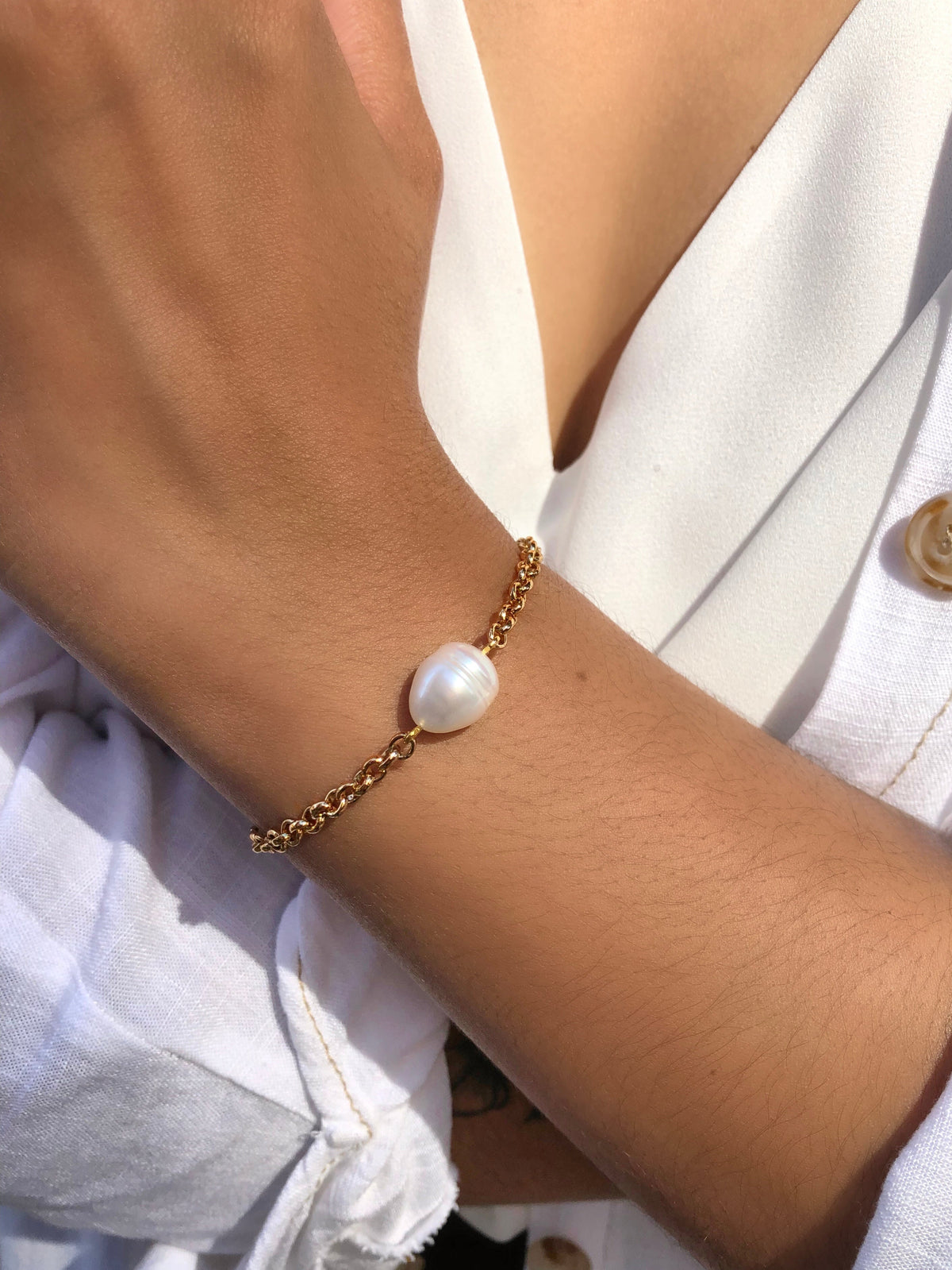 Pulseira Corrente Mini Portuguesa E Pérola 16cm - Tiff Joias
