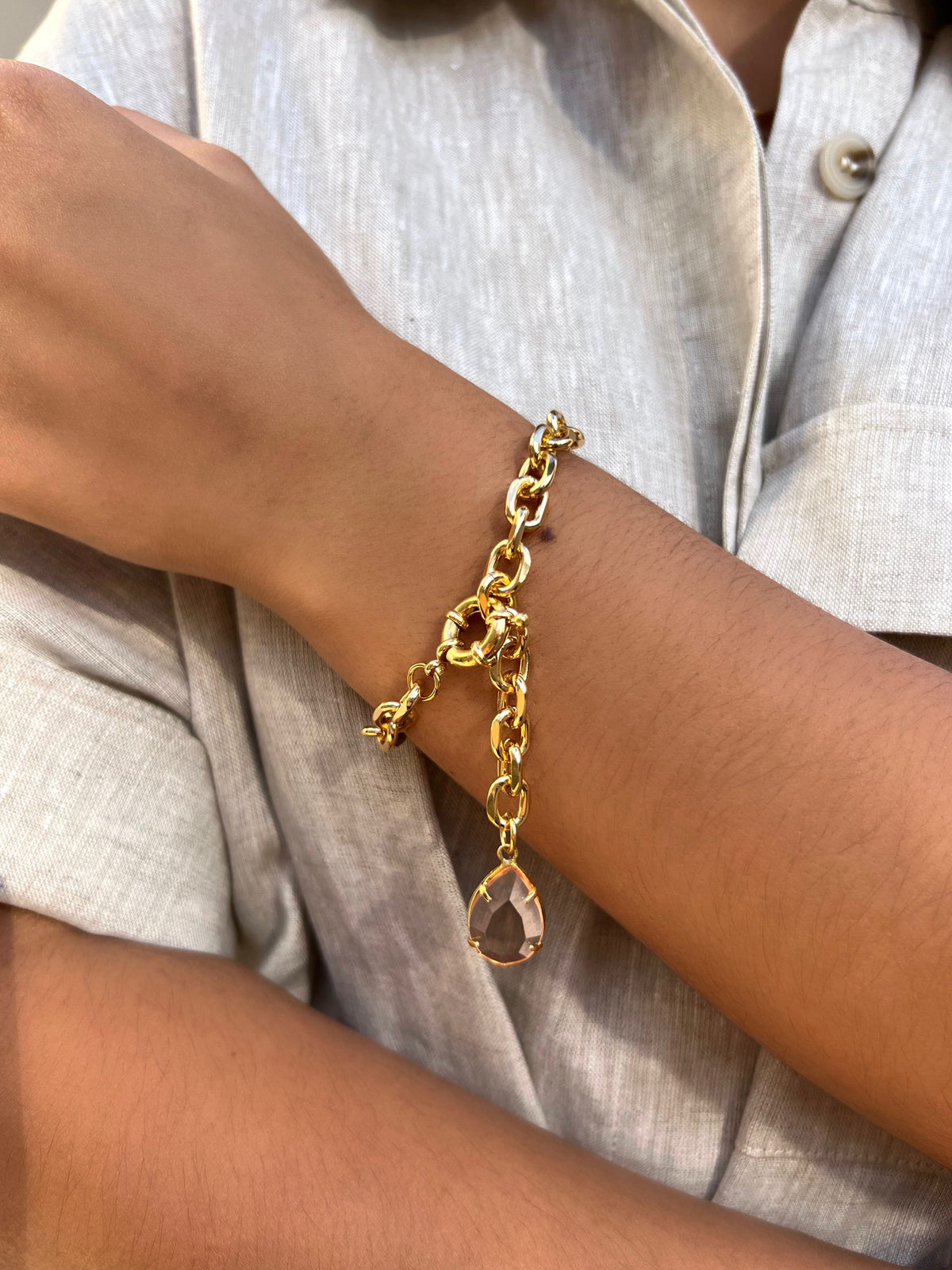 Pulseira Corrente Oval Leve Gota Acrílica Morganita Fecho Bóia 22cm - Tiff Joias