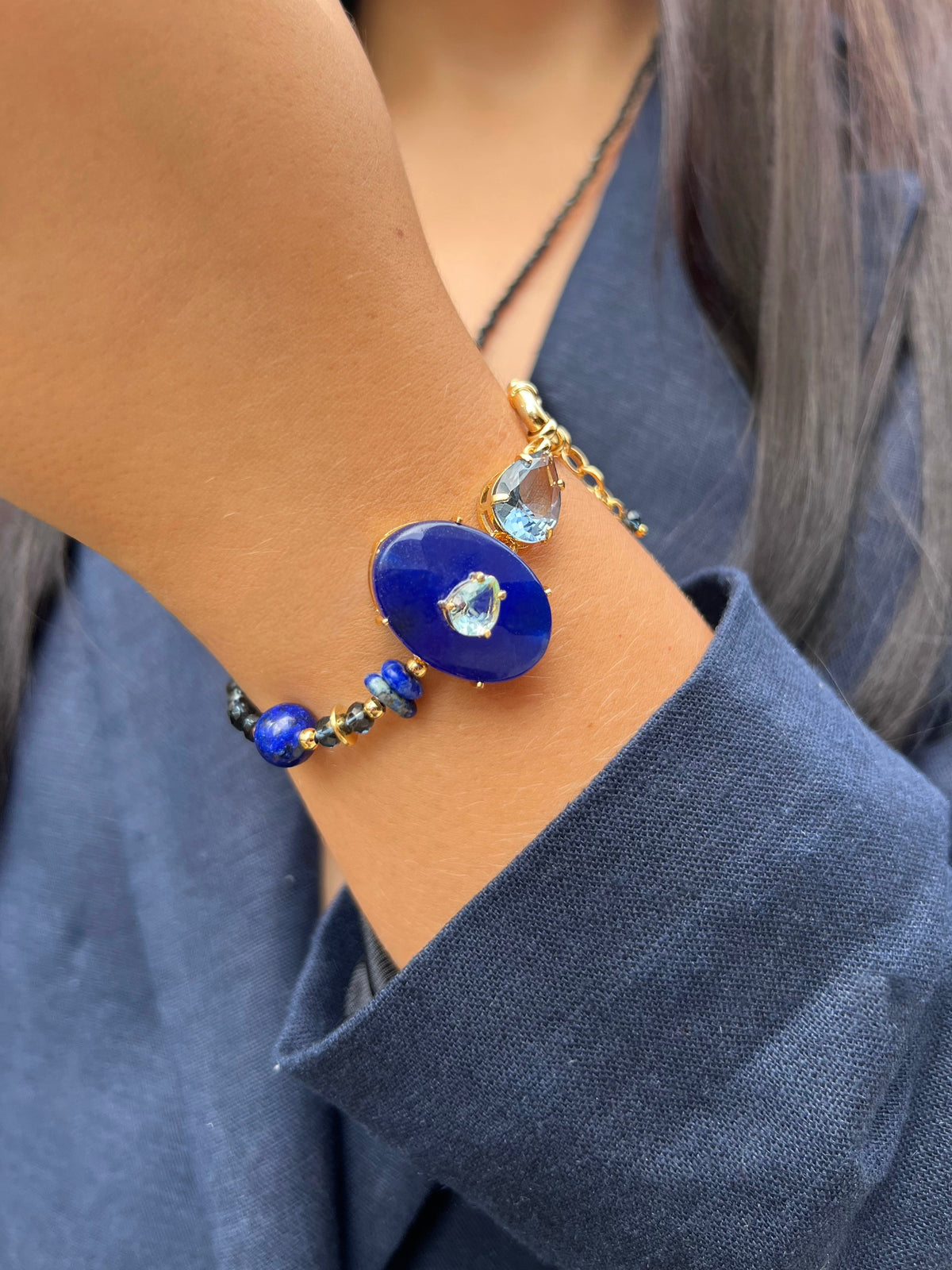 Pulseira Cristais Cor Montana e Pedra Safira Azul 20cm - Tiff Joias