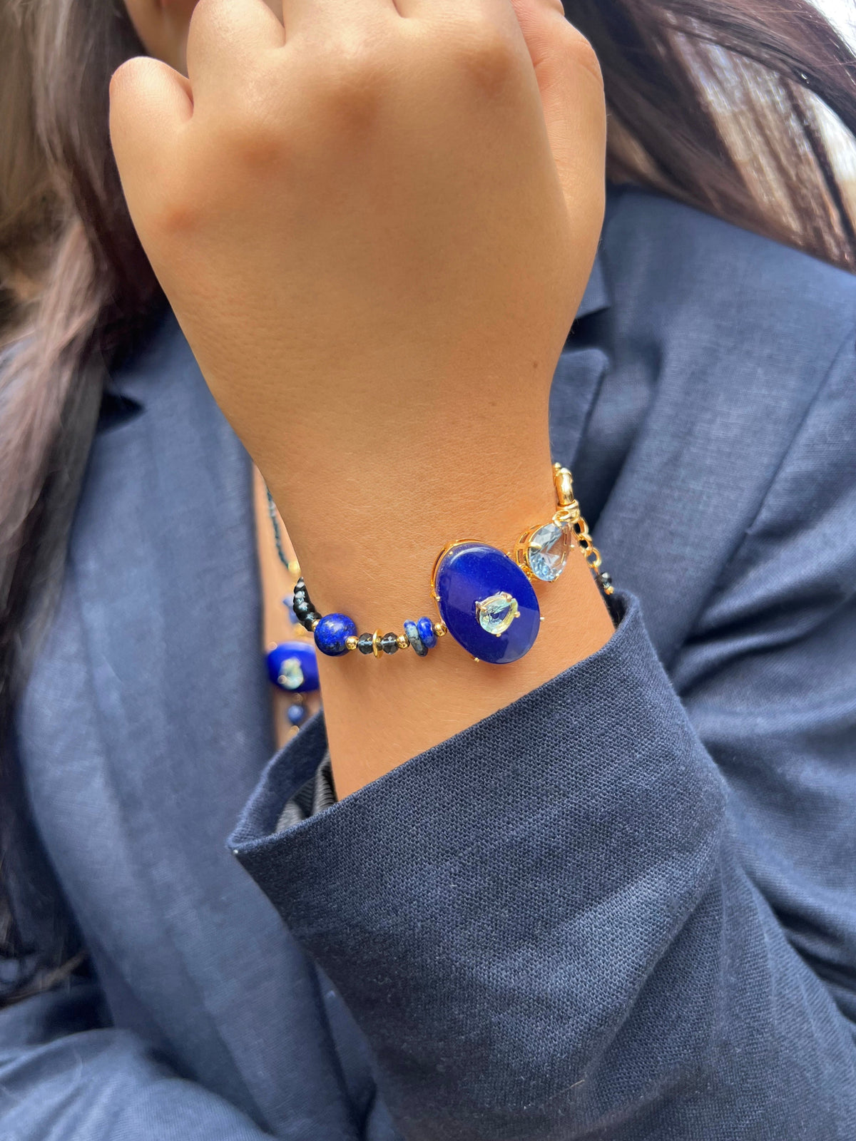Pulseira Cristais Cor Montana e Pedra Safira Azul 20cm - Tiff Joias