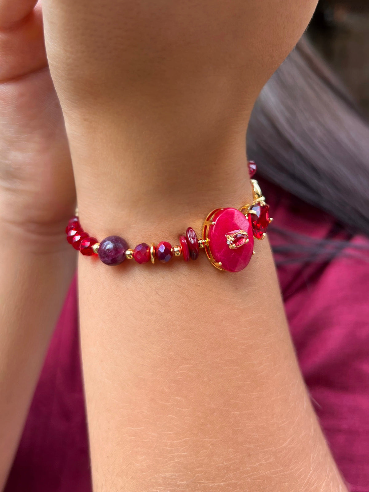Pulseira Cristais Cor Vermelho e Pedra Jade Rubi 20cm - Tiff Joias