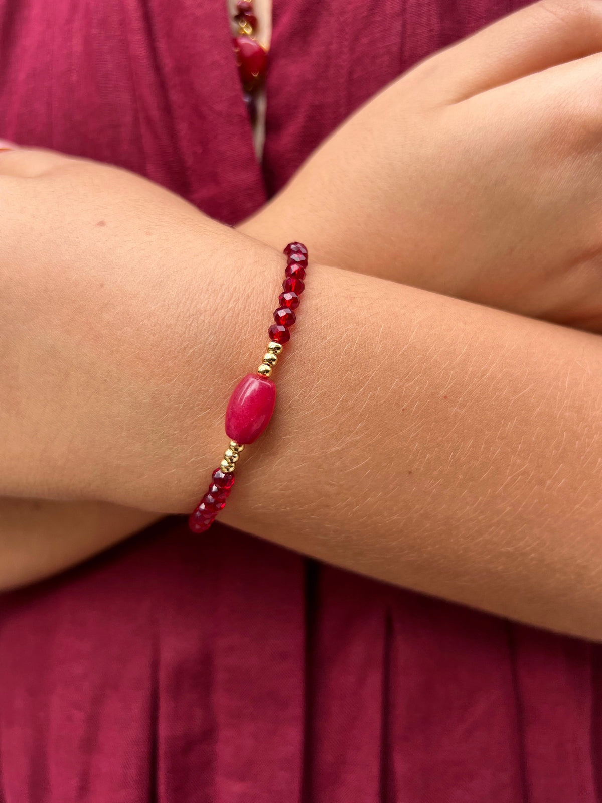 Pulseira Cristais Cor Vermelho e Pedra Jade Rubi - Tiff Joias