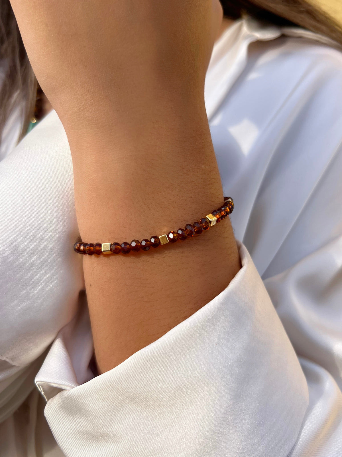 Pulseira Cristais Marrom e Mini Cubos 17cm - Tiff Joias