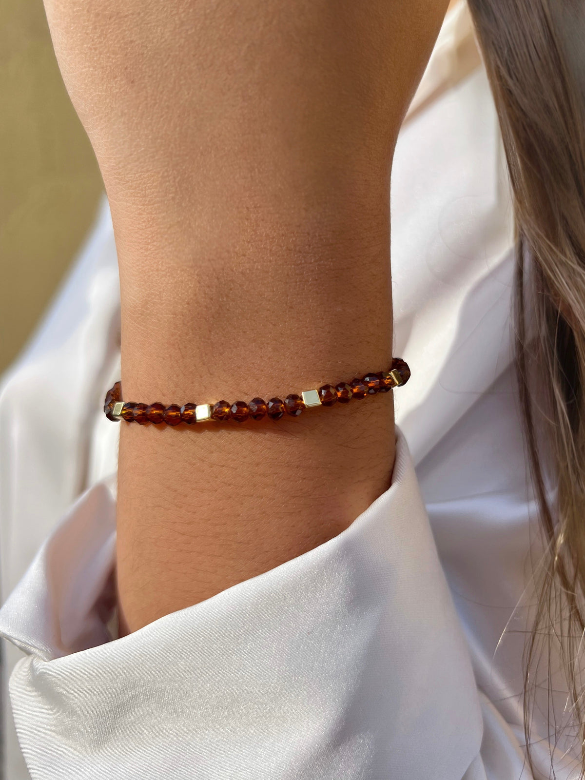 Pulseira Cristais Marrom e Mini Cubos 17cm - Tiff Joias