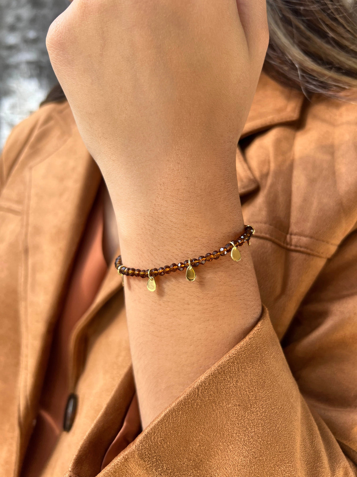 Pulseira Cristais Marrom Escuro Com Pingentes Gotinhas 18cm - Tiff Joias