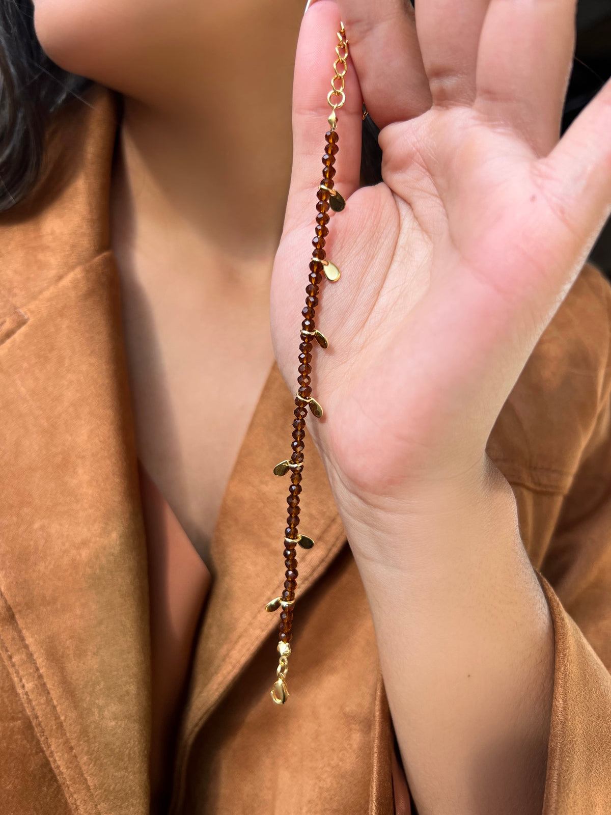 Pulseira Cristais Marrom Escuro Com Pingentes Gotinhas 18cm - Tiff Joias
