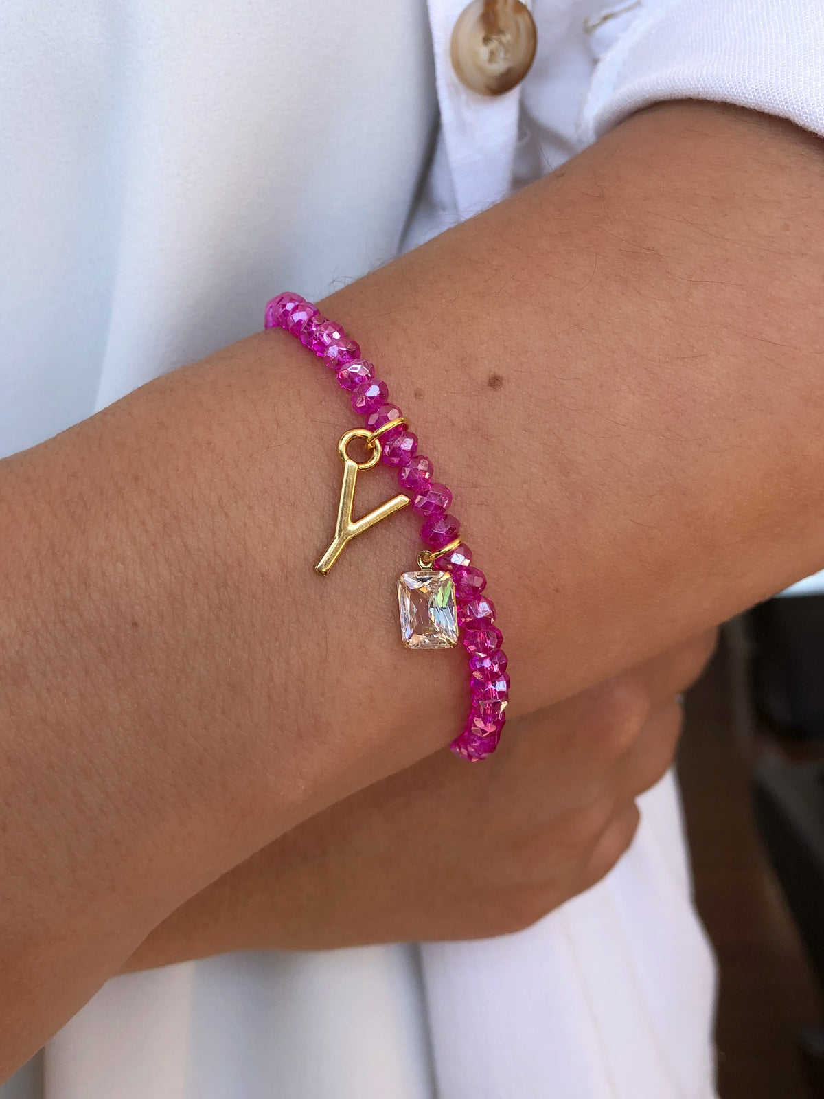 Pulseira De Cristais Lapidados Cor Pink Personalizado Letra Média Com Baguete Zircônia - Tiff Joias