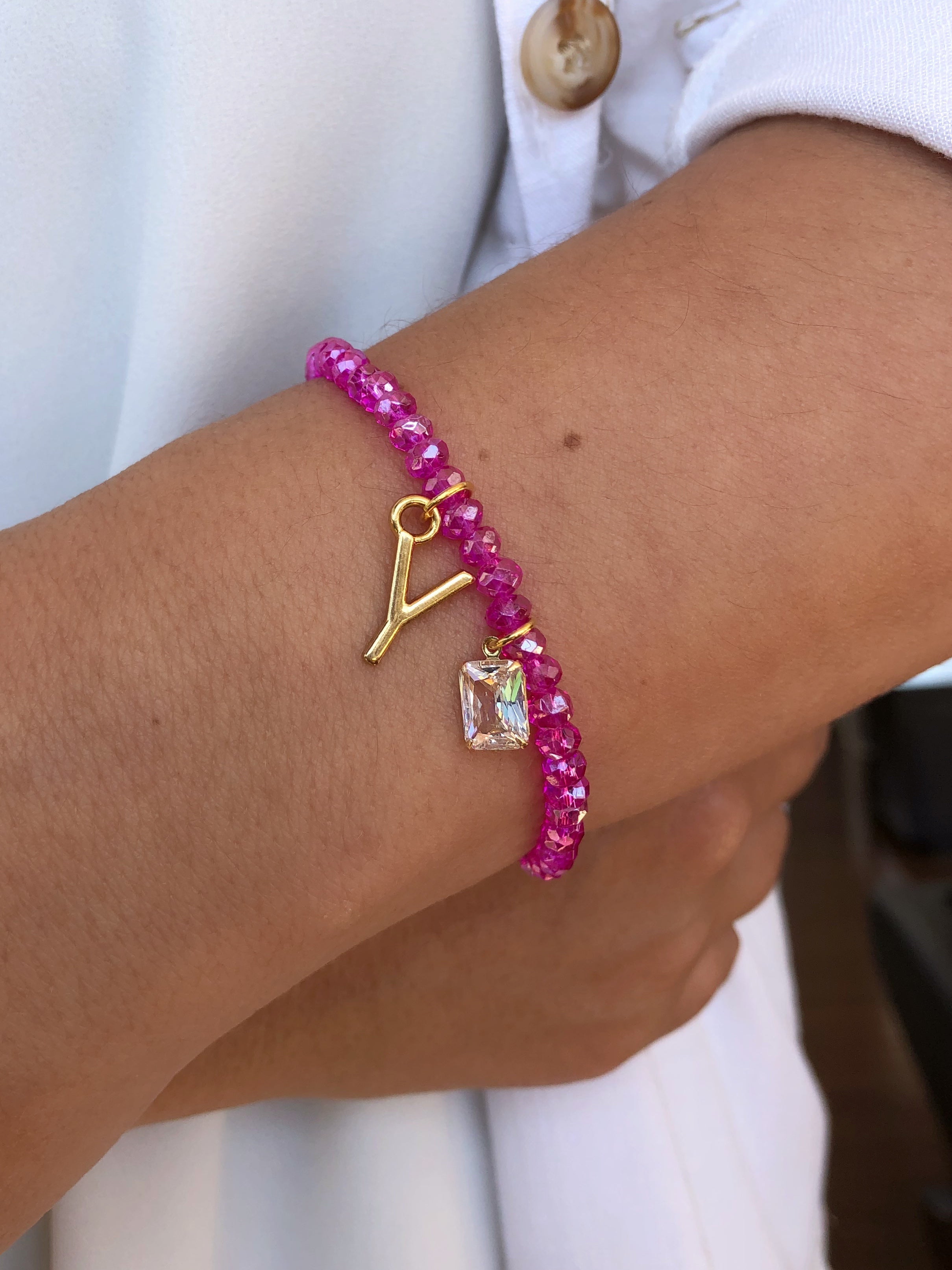 Pulseira De Cristais Lapidados Cor Pink Personalizado Letra Média Com Baguete Zircônia - Tiff Joias