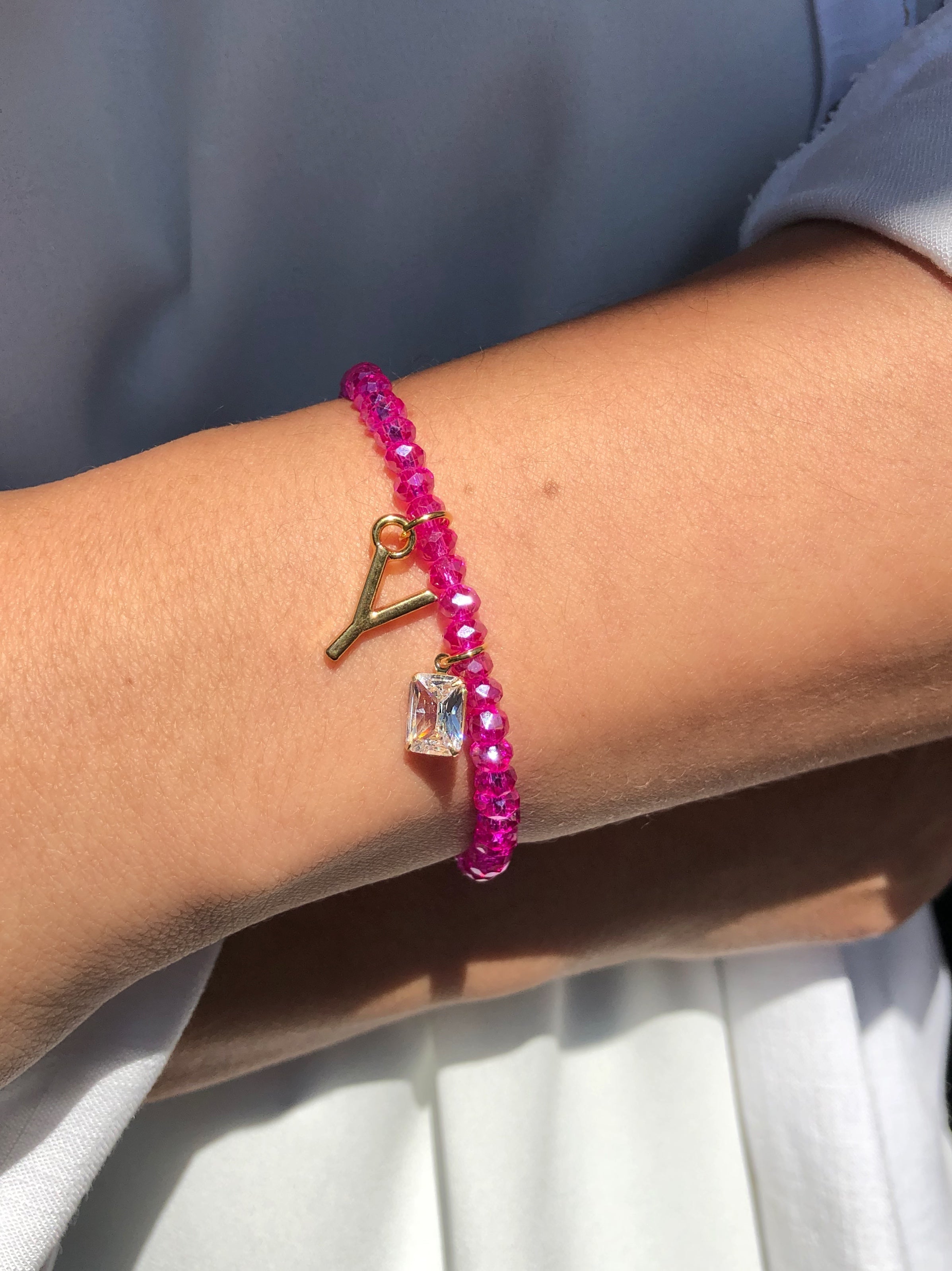 Pulseira De Cristais Lapidados Cor Pink Personalizado Letra Média Com Baguete Zircônia - Tiff Joias