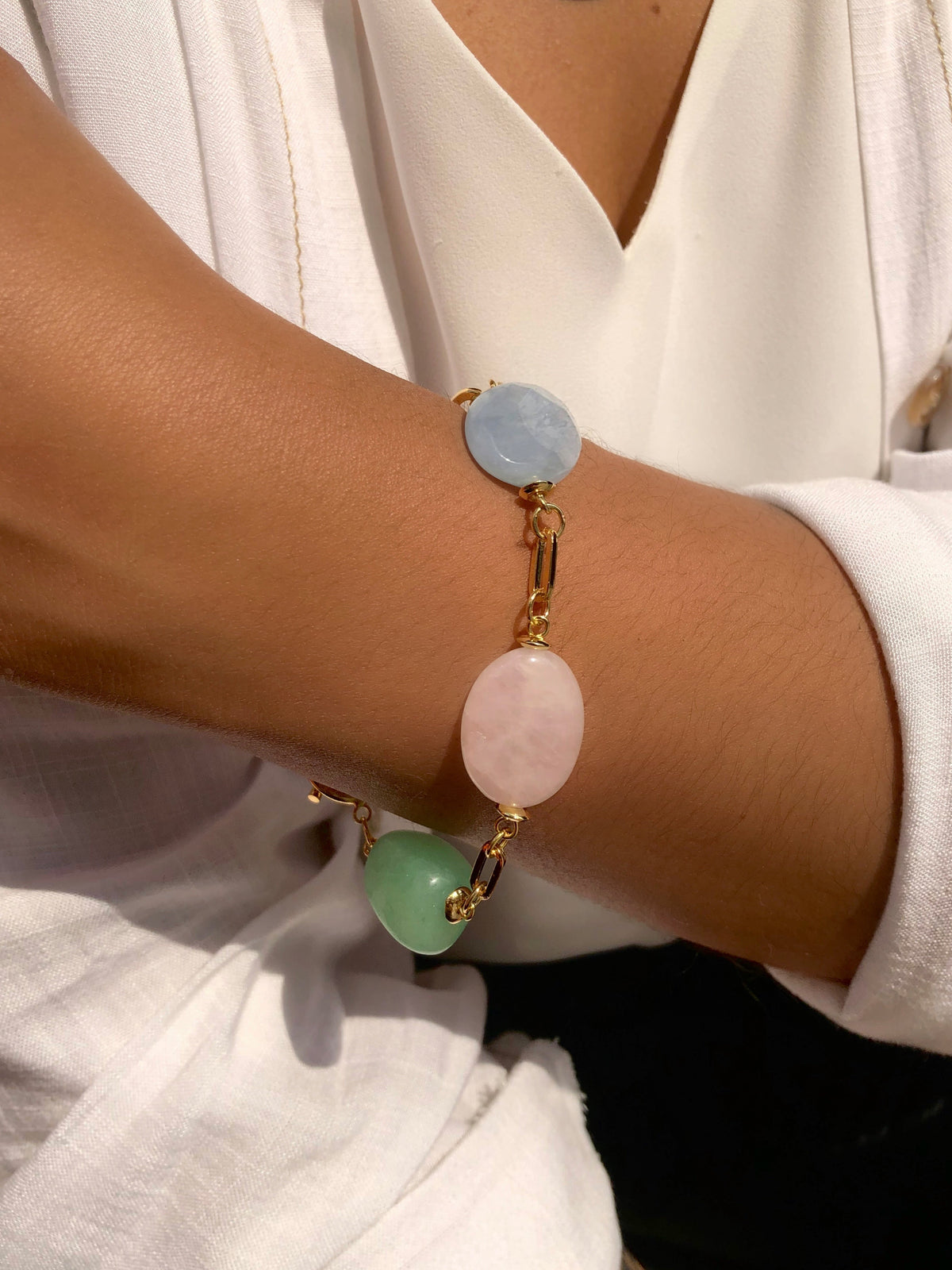 Pulseira De Pedras Aventurina Verde Quartzo Rosa E Jade Azul 20cm - Tiff Joias