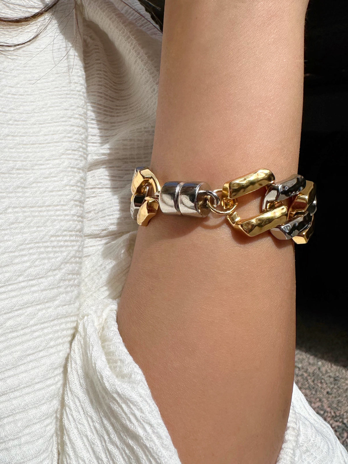 Pulseira Duo Banho Elos Quadrados Martelado - Tiff Joias