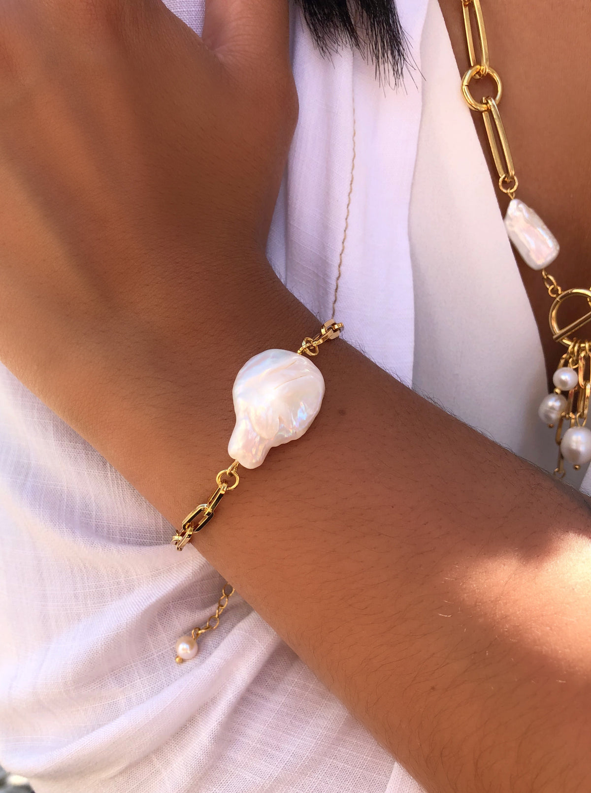 Pulseira Elo Com Pérola Barroca 16cm - Tiff Joias