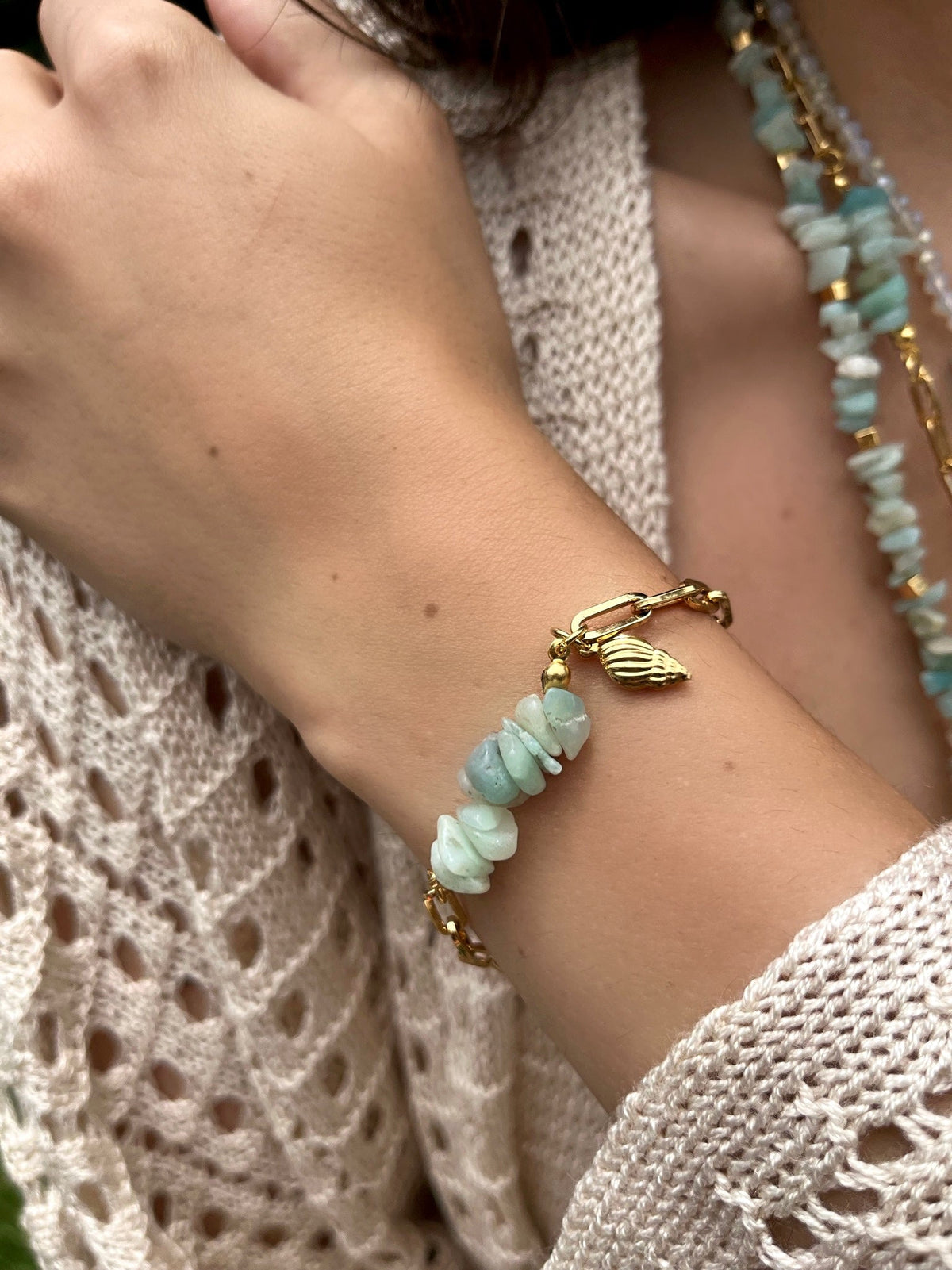 Pulseira Elos Fina, Cascalho Amazonita E Búzio 16cm - Tiff Joias