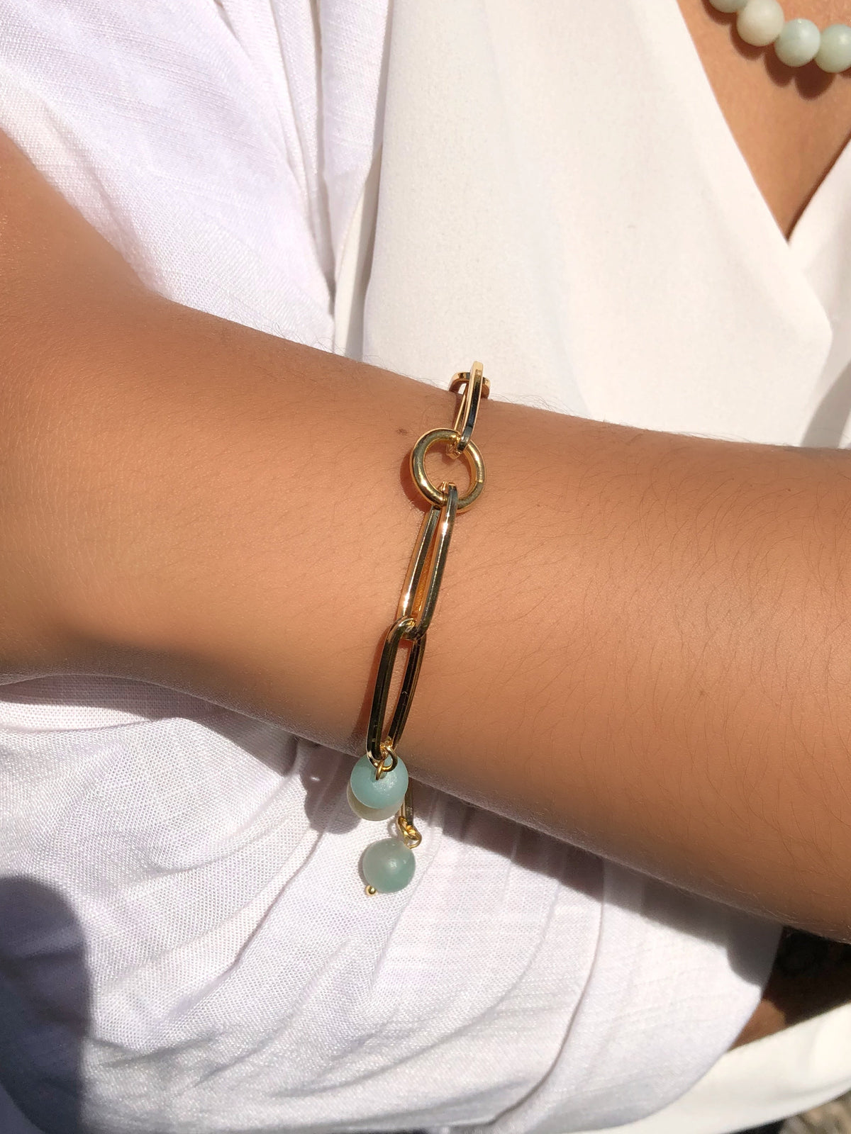 Pulseira Elos Longos E Pedra Amazonita 22cm - Tiff Joias
