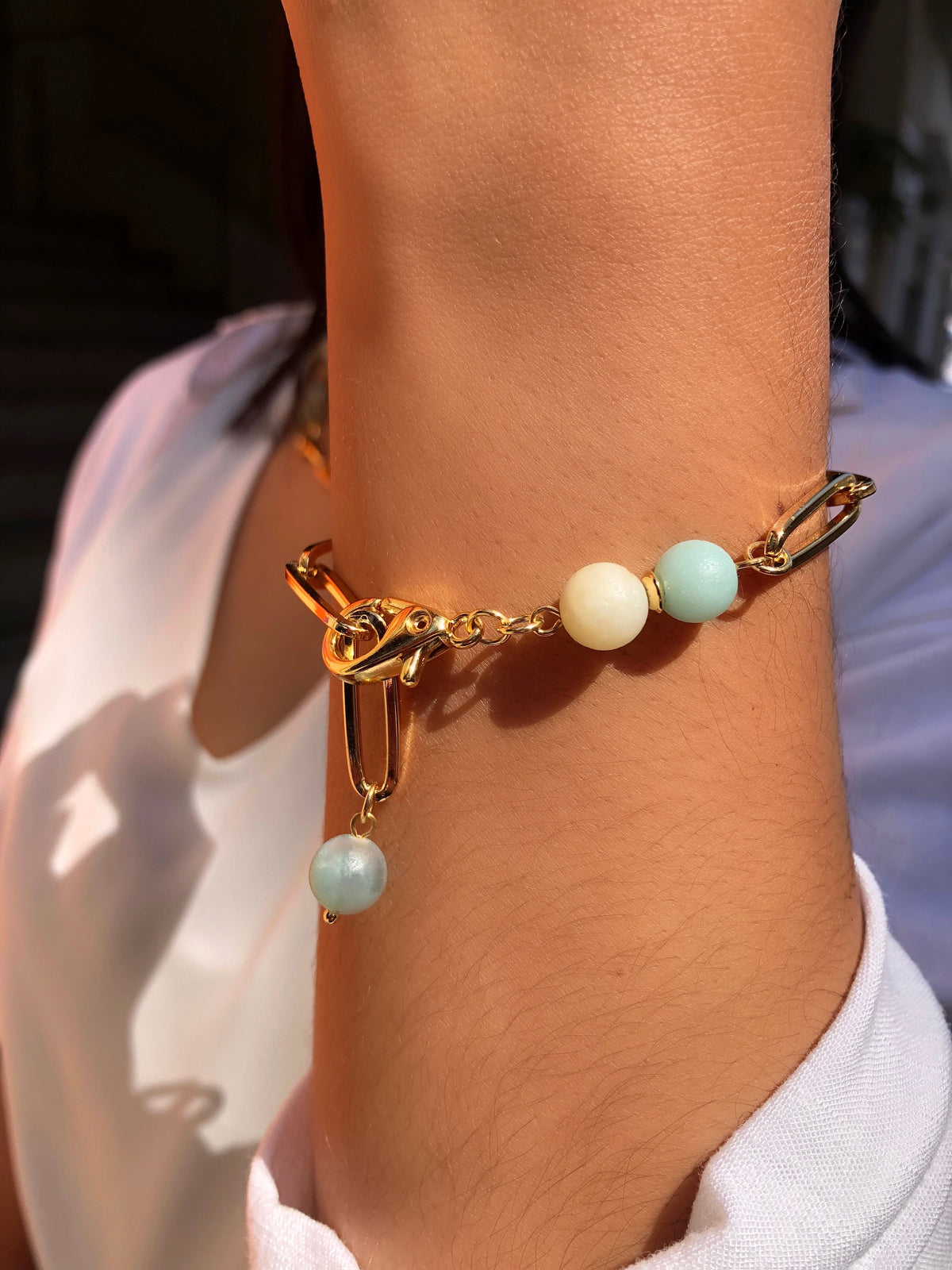 Pulseira Elos Longos E Pedra Amazonita 22cm - Tiff Joias