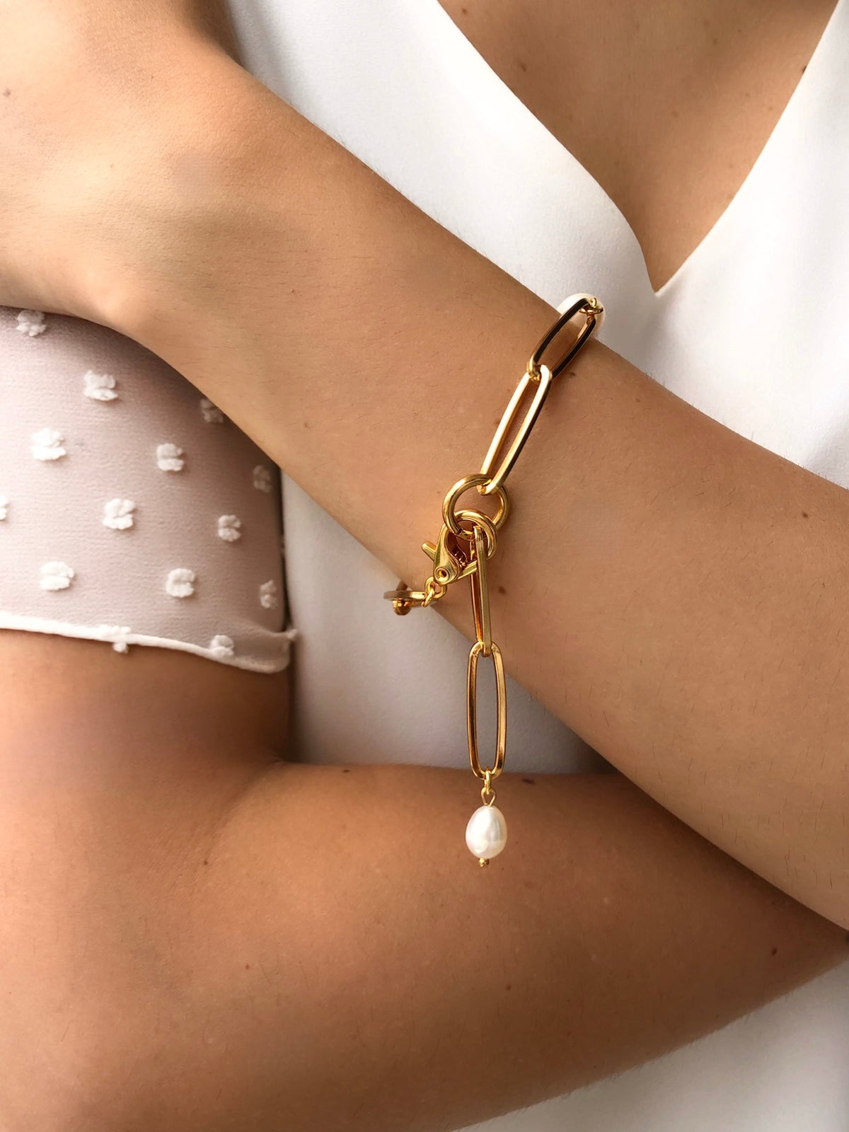 Pulseira Elos Longos E Pérola Água Doce 18cm - Tiff Joias