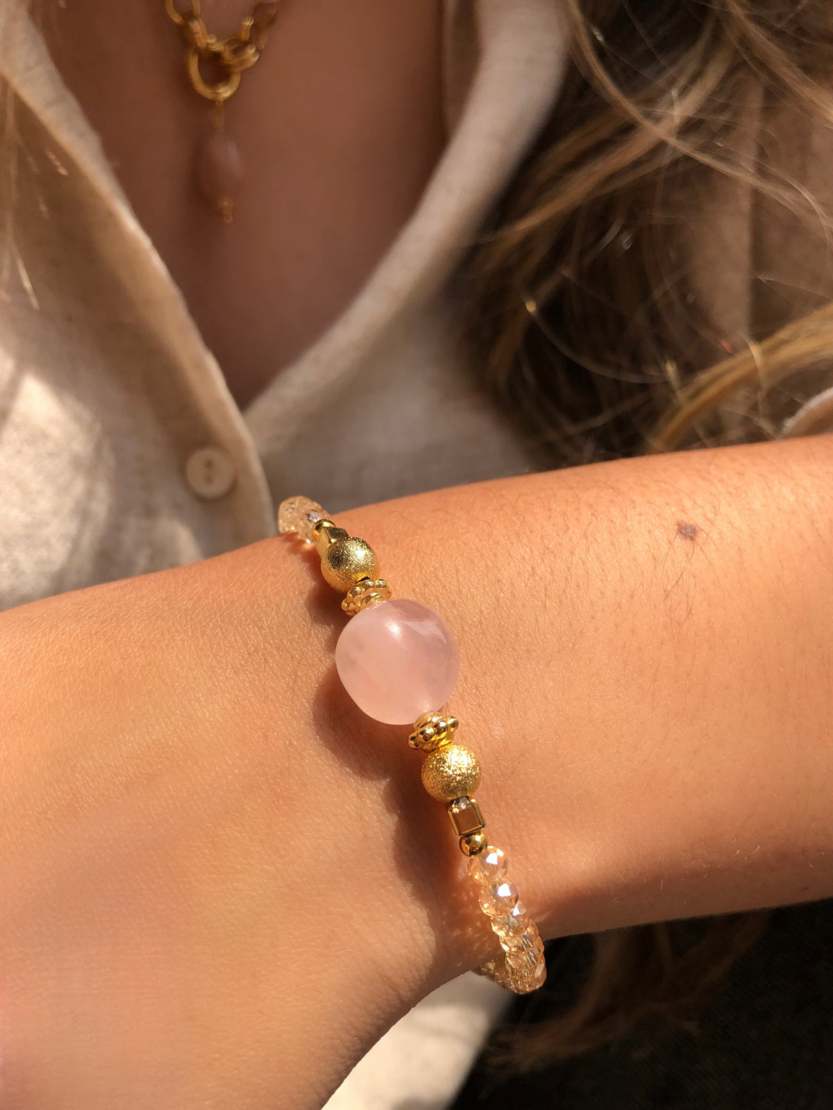 Pulseira Fernanda Pedra Rolada Quartzo Rosa - Tiff Joias