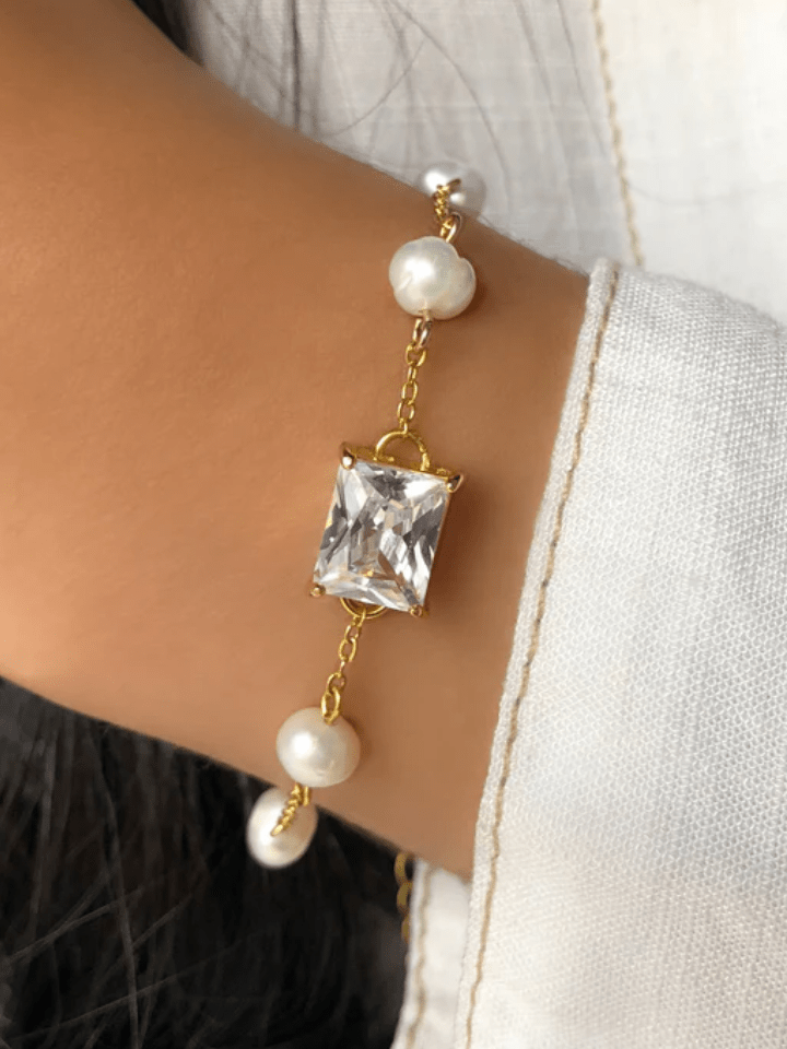 Pulseira Helena Com Pérolas E Baguete Zircônia Branca 16cm - Tiff Joias