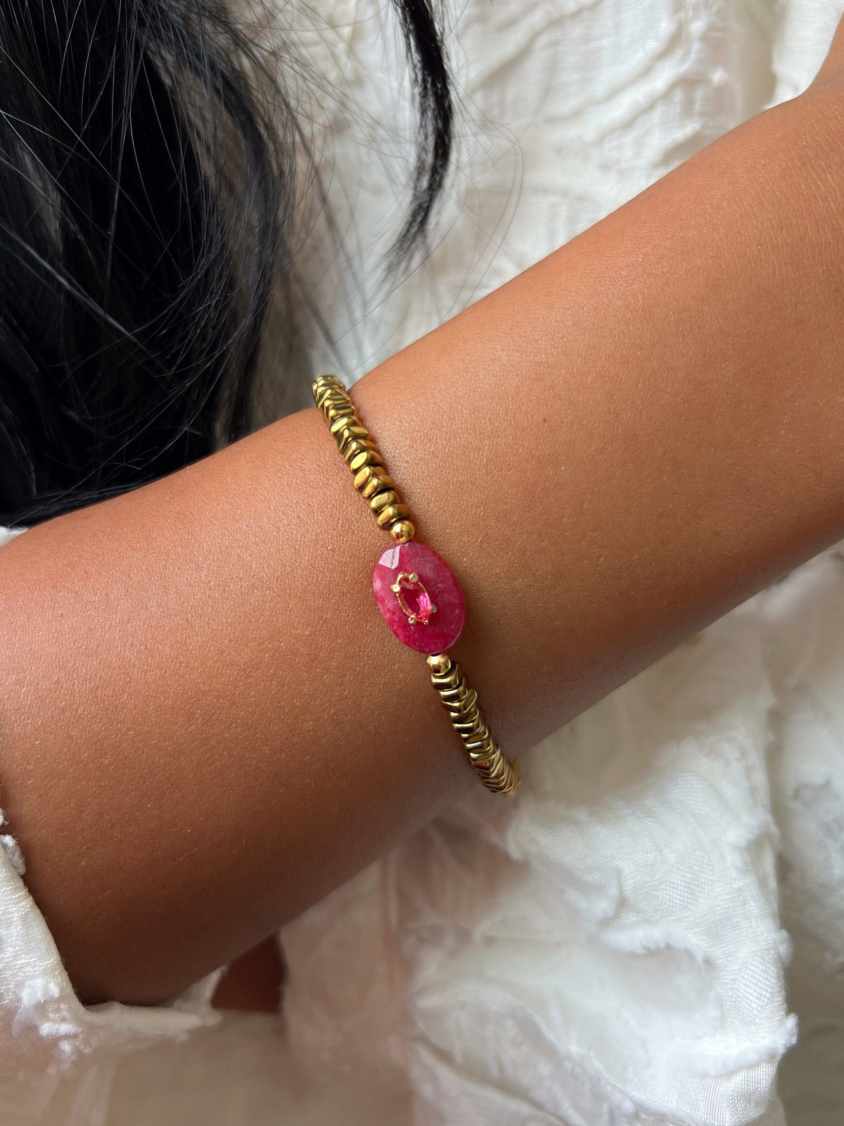 Pulseira Hematita Com Pedra Jade Rubi 17cm - Tiff Joias