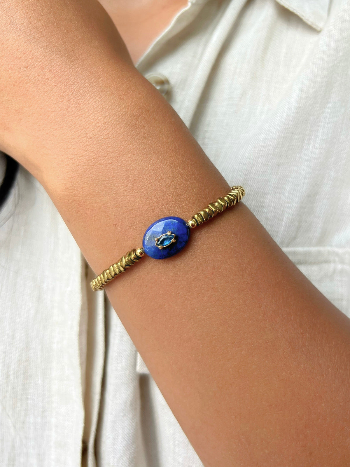 Pulseira Hematita Com Pedra Natural Lápis Lazuli 17cm - Tiff Joias