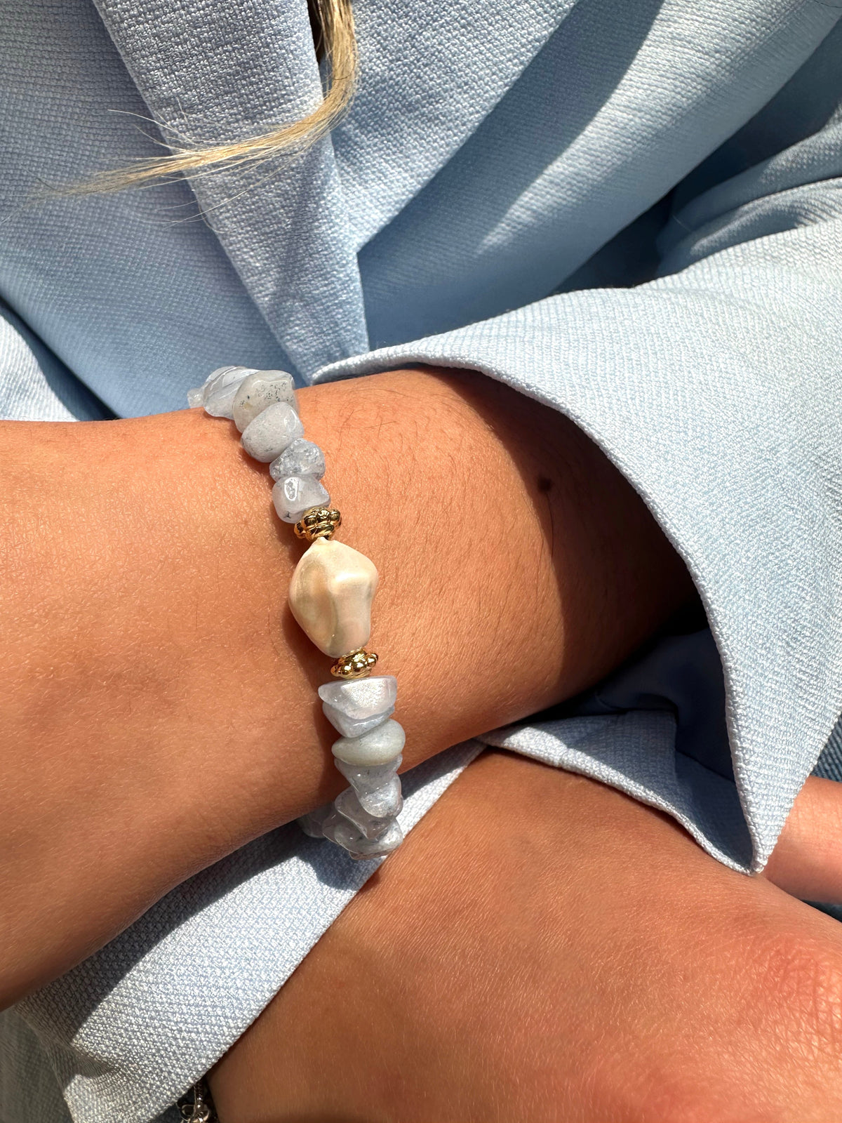 Pulseira Manuela Cascalho Jade Azul E Pérola Barroca Shell - Tiff Joias