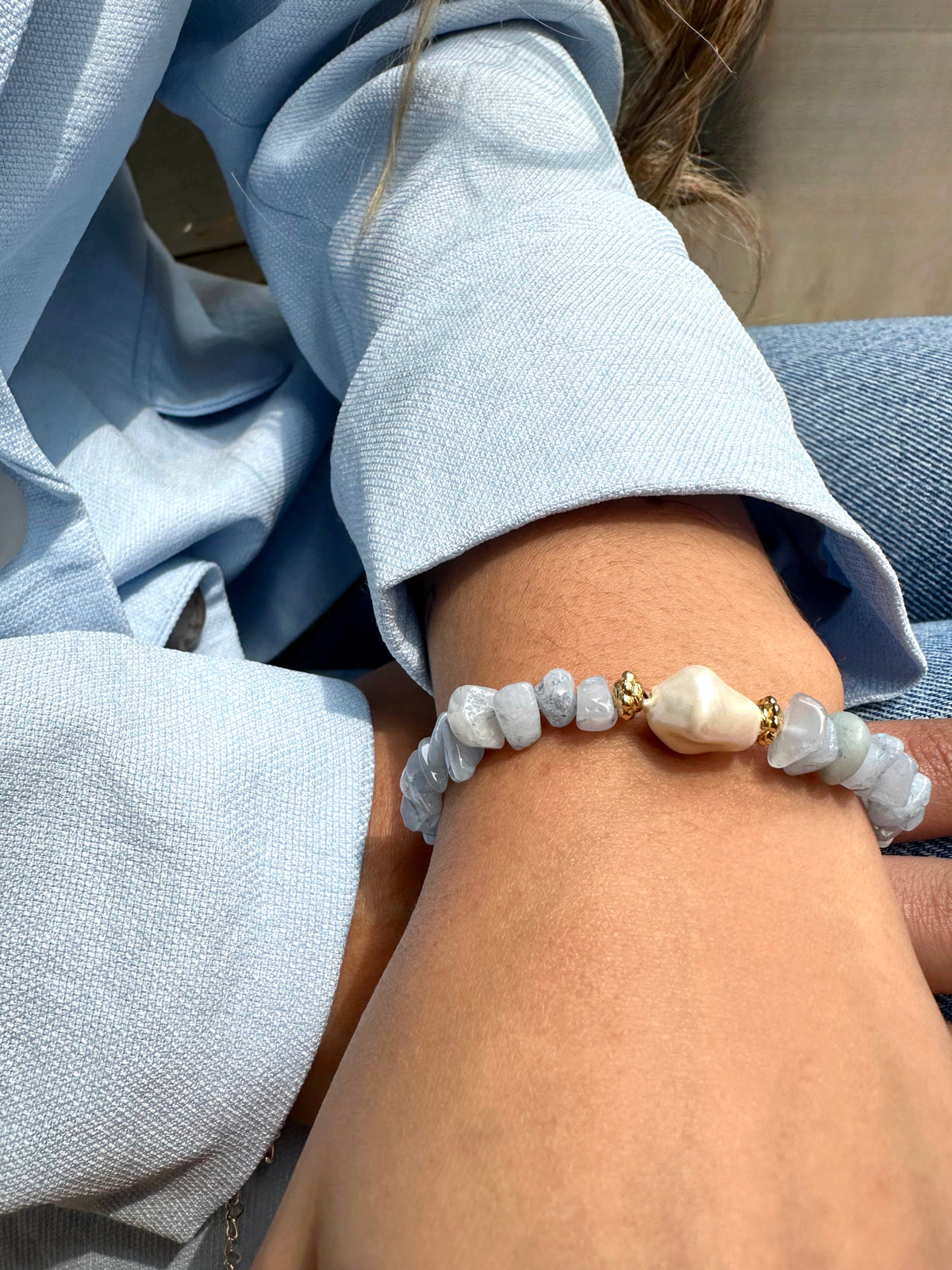 Pulseira Manuela Cascalho Jade Azul E Pérola Barroca Shell - Tiff Joias