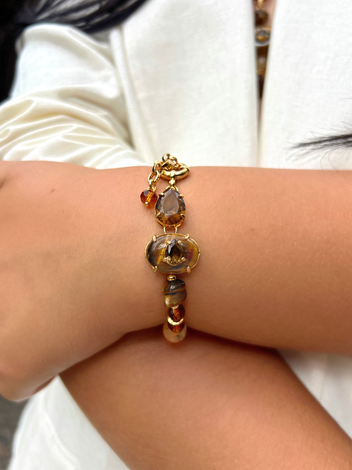 Pulseira Marrom Com Olho de Tigre 20cm - Tiff Joias