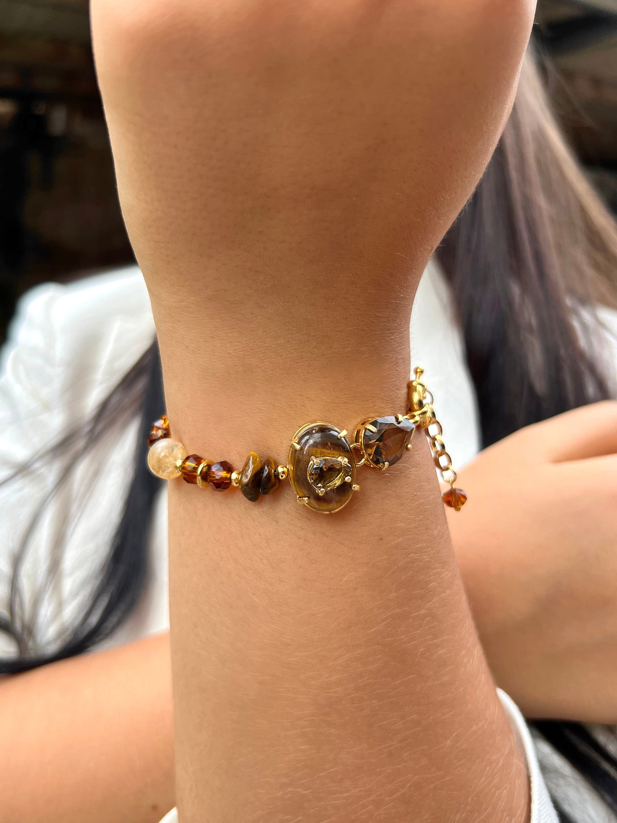 Pulseira Marrom Com Olho de Tigre 20cm - Tiff Joias