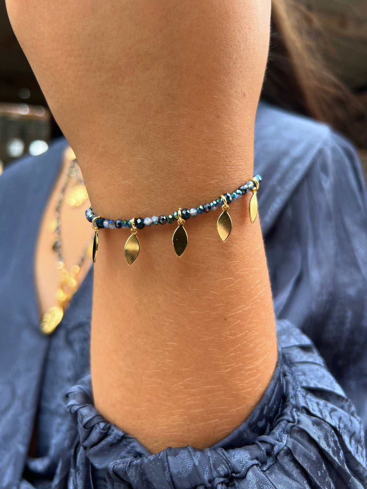 Pulseira Mix Tons Azuis Com Navetes Banho Ouro 16cm - Tiff Joias
