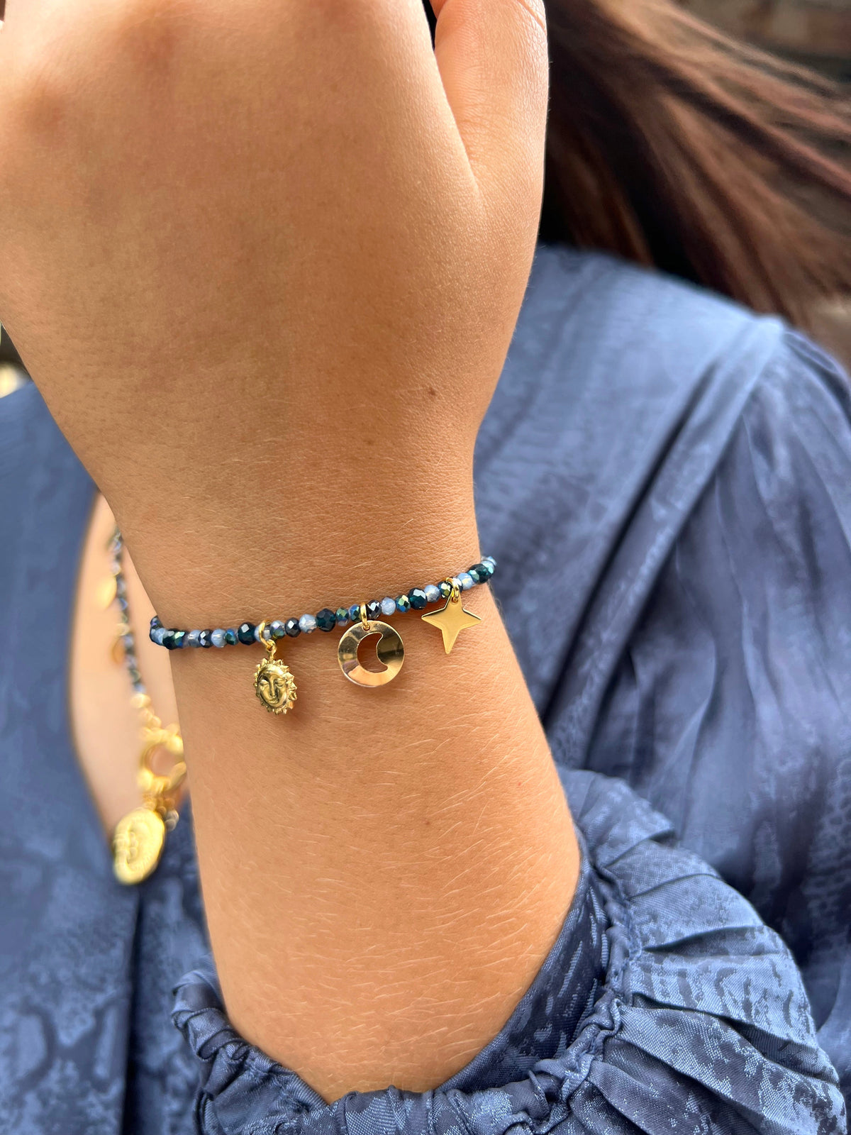 Pulseira Mix Tons Azuis Pingentes Céu 16cm - Tiff Joias