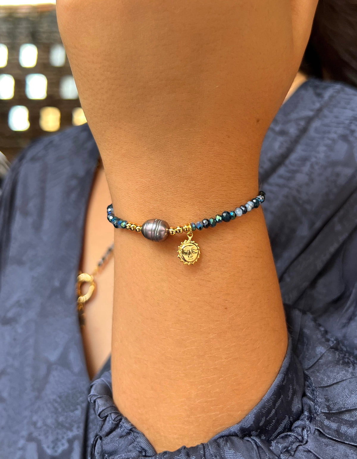 Pulseira Mix Tons De Azuis Pérola Cinza e Sol 16cm - Tiff Joias