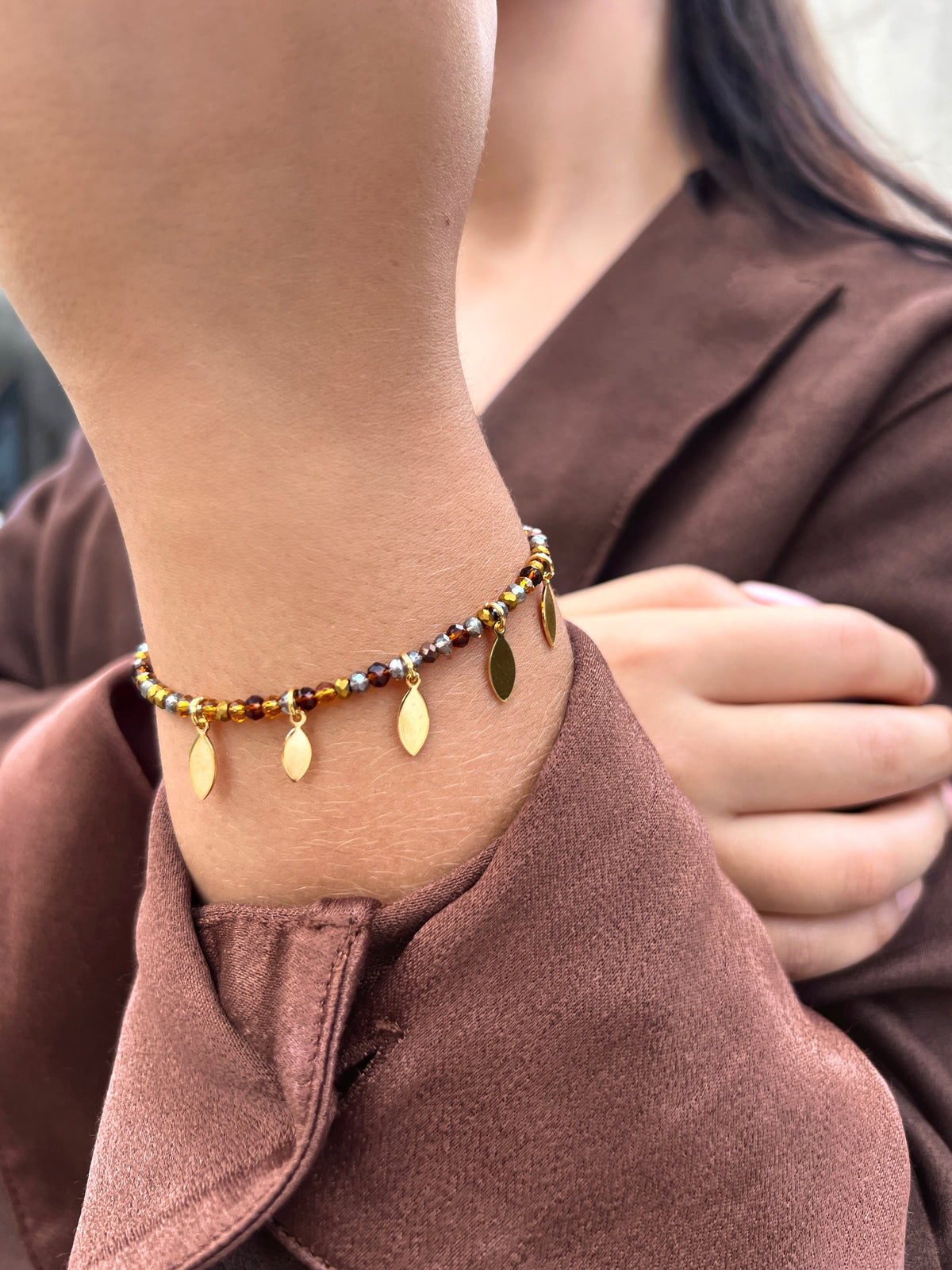 Pulseira Mix Tons Marrons Com Navetes Banho Ouro 16cm - Tiff Joias