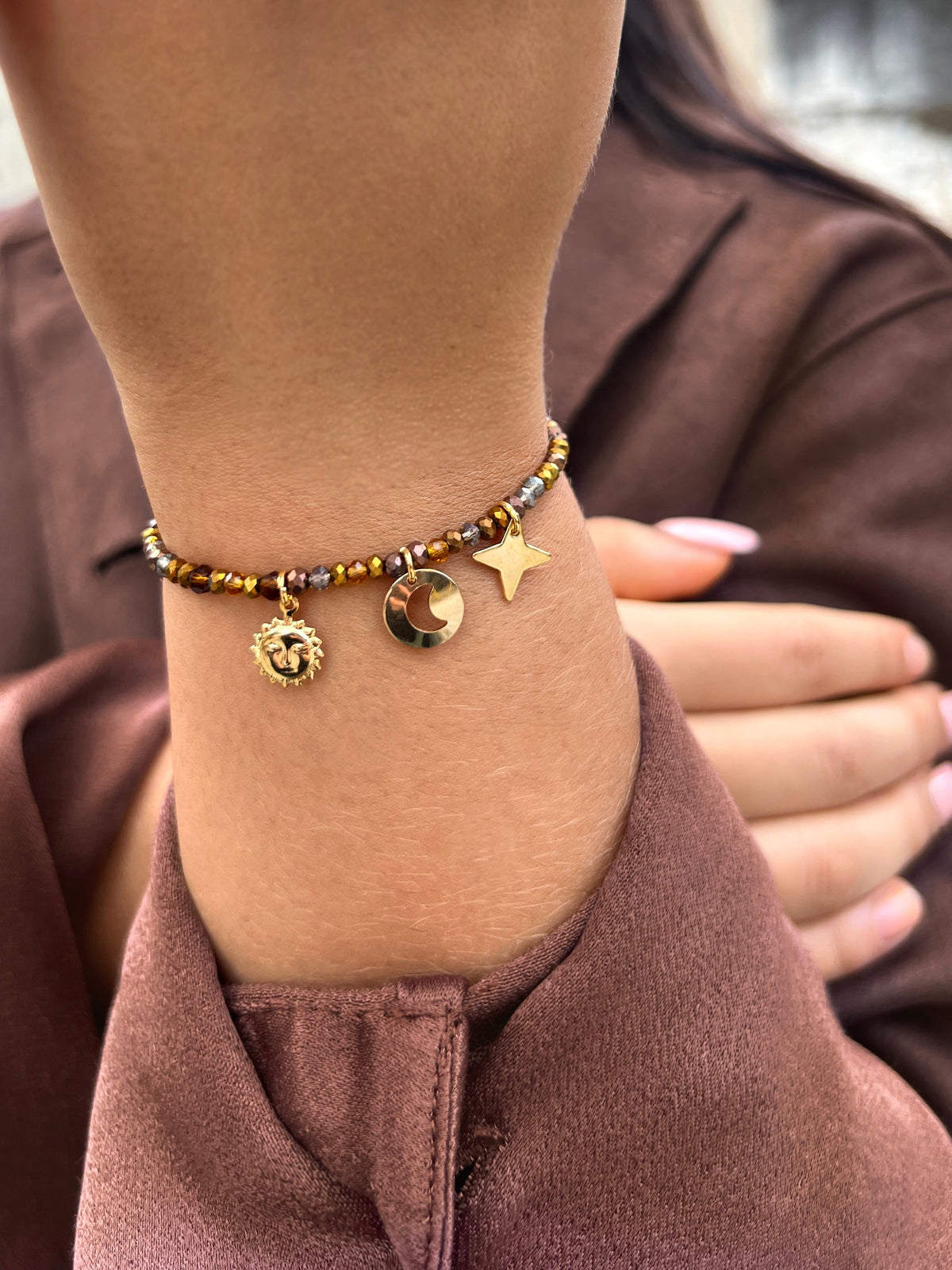 Pulseira Mix Tons Marrons Sol e Pingentes 16cm - Tiff Joias