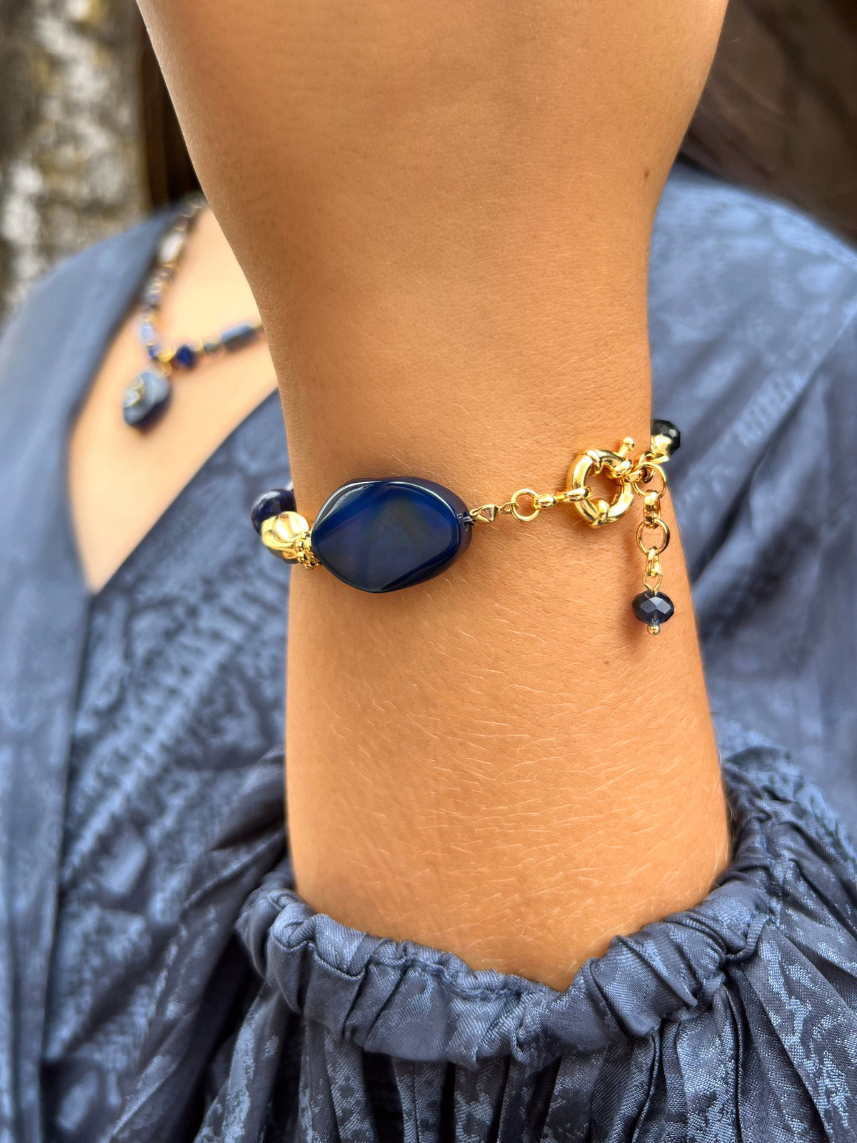 Pulseira Pedra Natural Ágata Azul 18cm - Tiff Joias