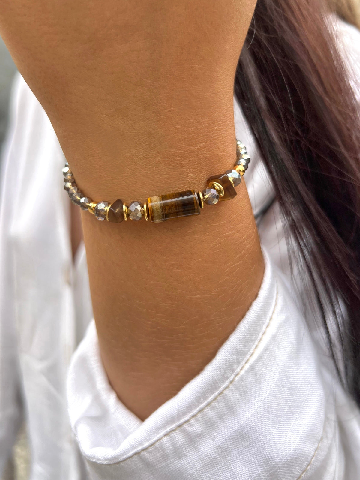 Pulseira Pedra Natural Ágata Marrom 17cm - Tiff Joias