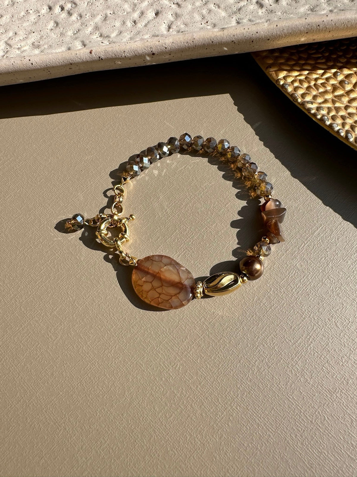 Pulseira Pedra Natural Ágata Marrom e Fecho Bóia 20cm - Tiff Joias
